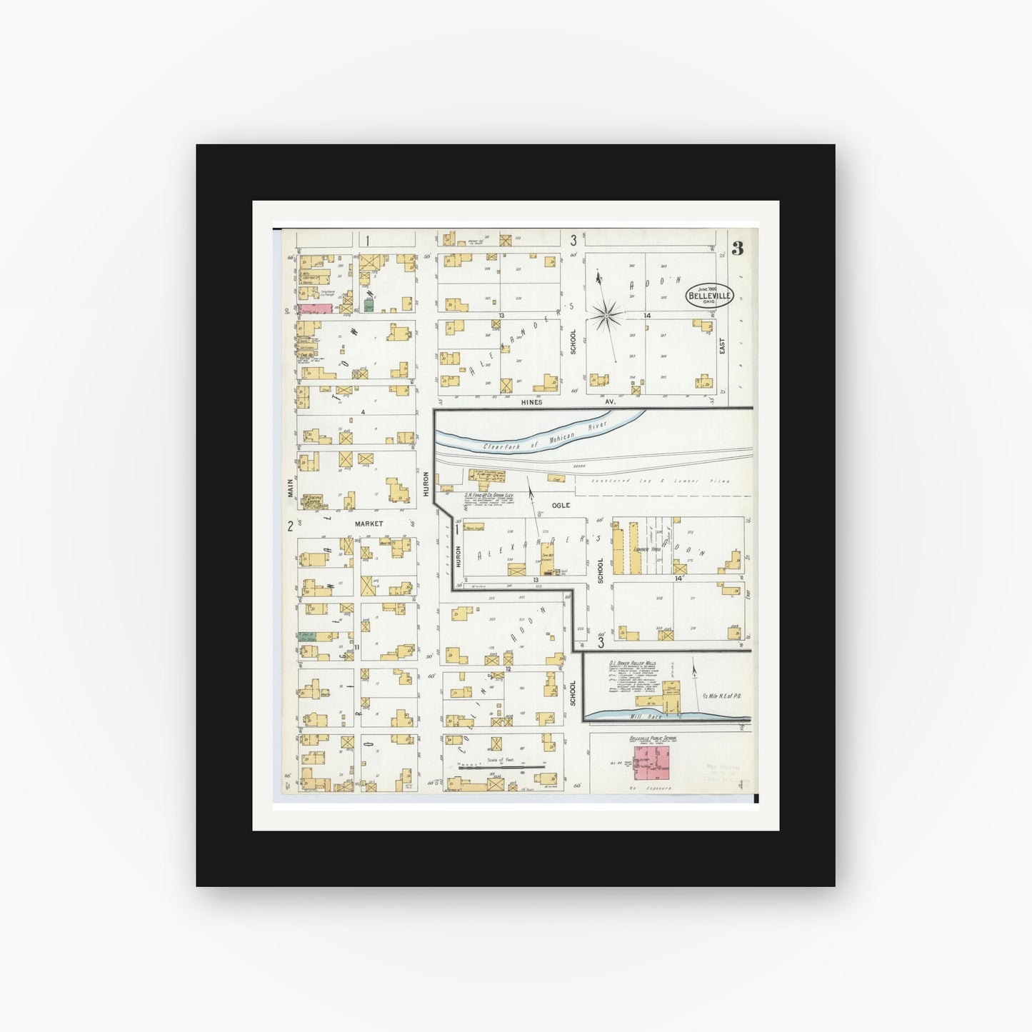 Old map wall art mockup — black gallery frame with white mat — Sanborn Fire Insurance Map from Bellville, Richland County, Ohio (1900), Sheet #0003
