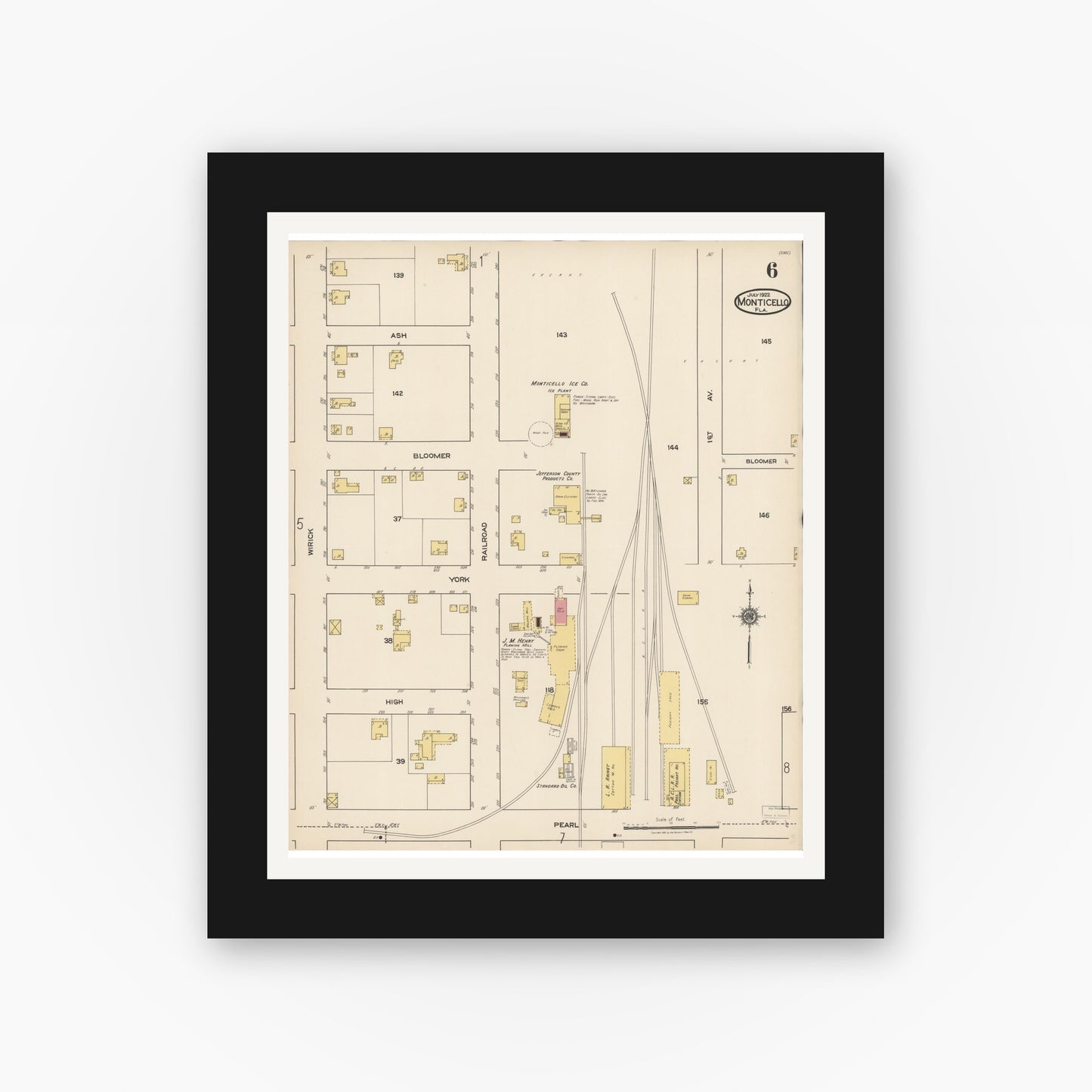 Old map wall art mockup — black gallery frame with white mat — Sanborn Fire Insurance Map from Monticello, Jefferson County, Florida (1922), Sheet #0006