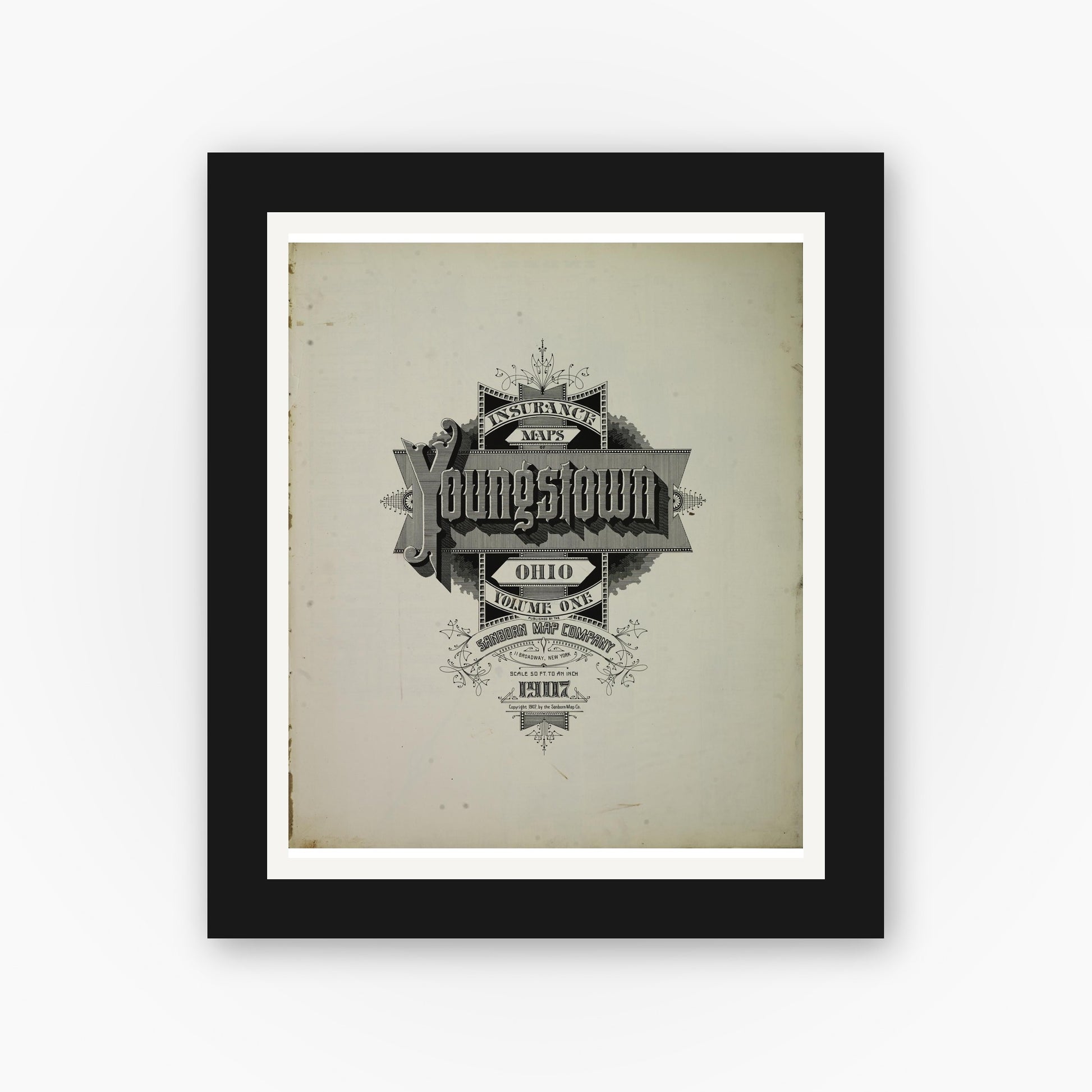 Old map wall art mockup — black gallery frame with white mat — Sanborn Fire Insurance Map from Youngstown, Mahoning County, Ohio (1907), Sheet #0001