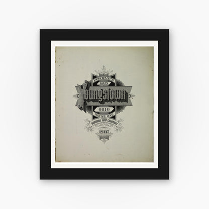 Old map wall art mockup — black gallery frame with white mat — Sanborn Fire Insurance Map from Youngstown, Mahoning County, Ohio (1907), Sheet #0001