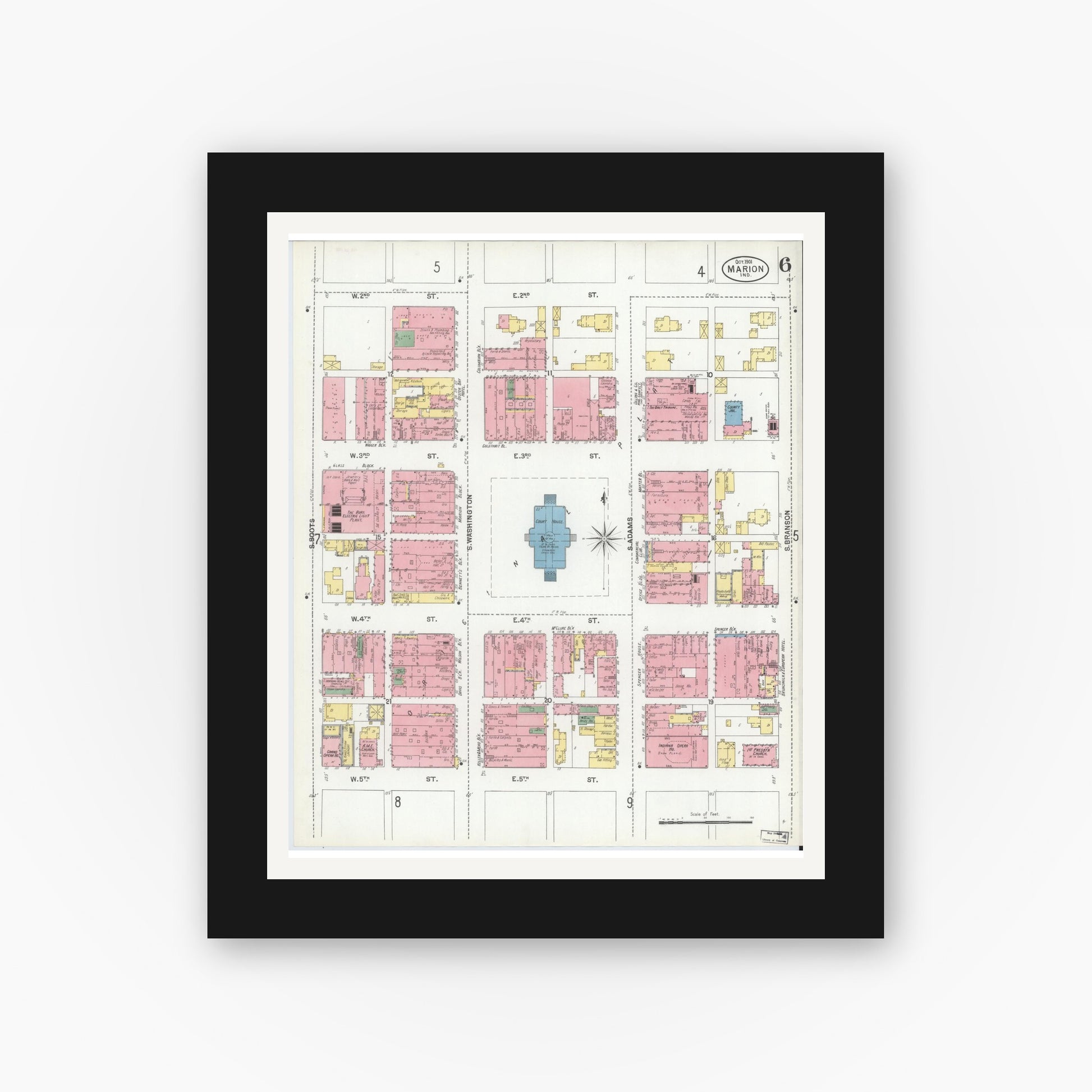 Old map wall art mockup — black gallery frame with white mat — Sanborn Fire Insurance Map from Marion, Grant County, Indiana (1901), Sheet #0006