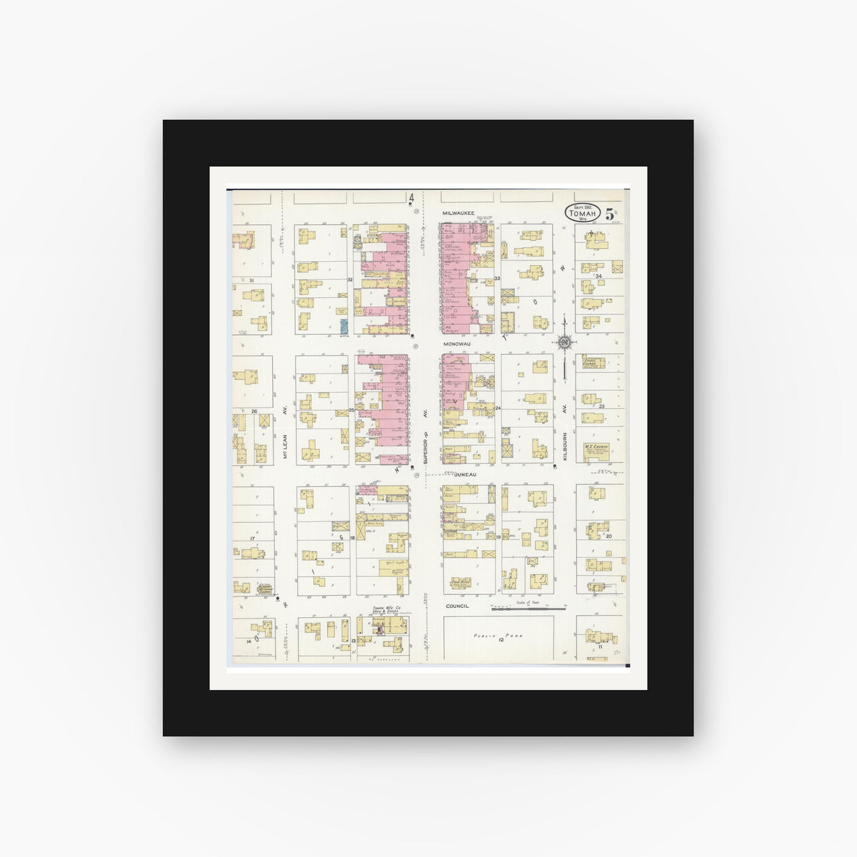 Old map wall art mockup — black gallery frame with white mat — Sanborn Fire Insurance Map from Tomah, Monroe County, Wisconsin (1912), Sheet #0005