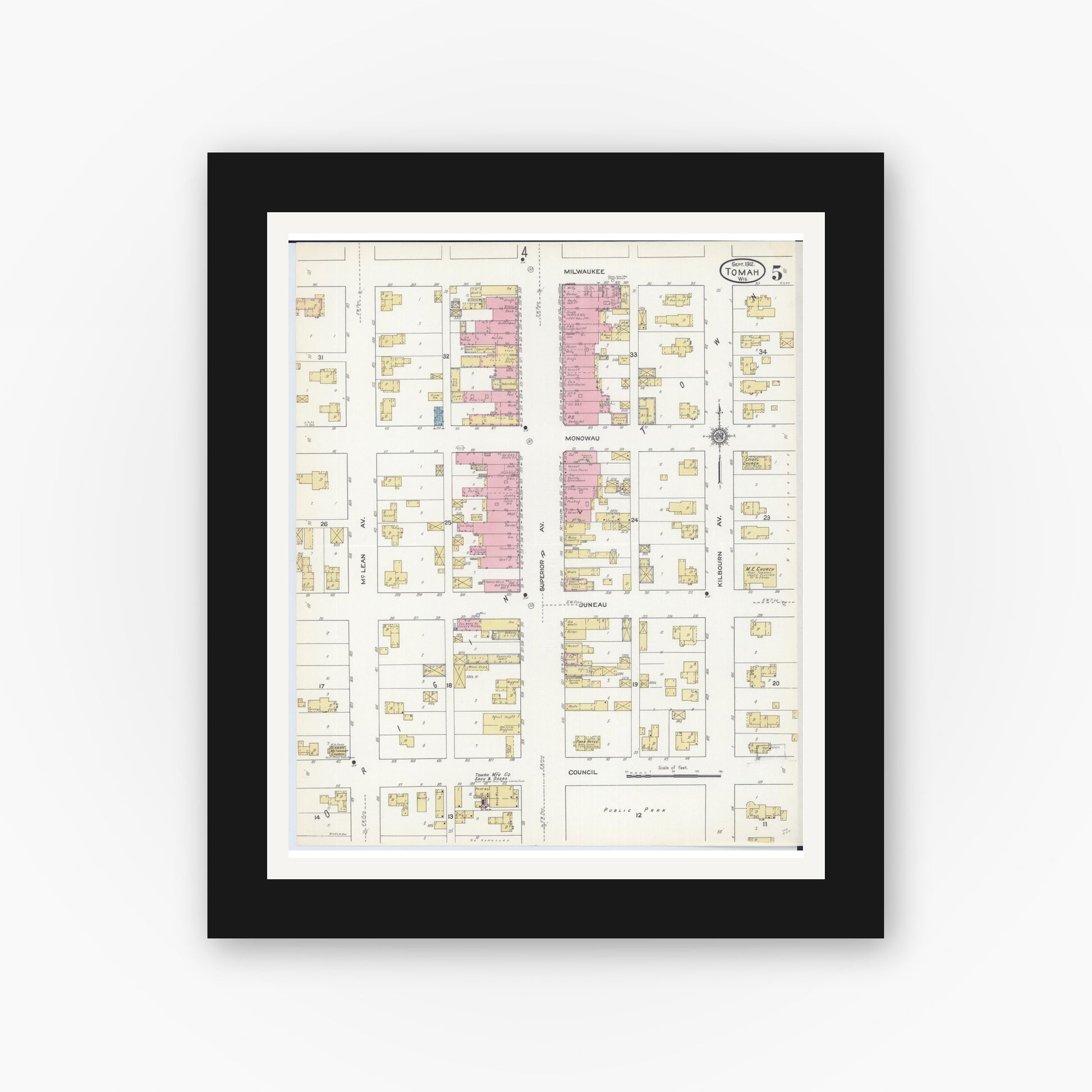 Old map wall art mockup — black gallery frame with white mat — Sanborn Fire Insurance Map from Tomah, Monroe County, Wisconsin (1912), Sheet #0005