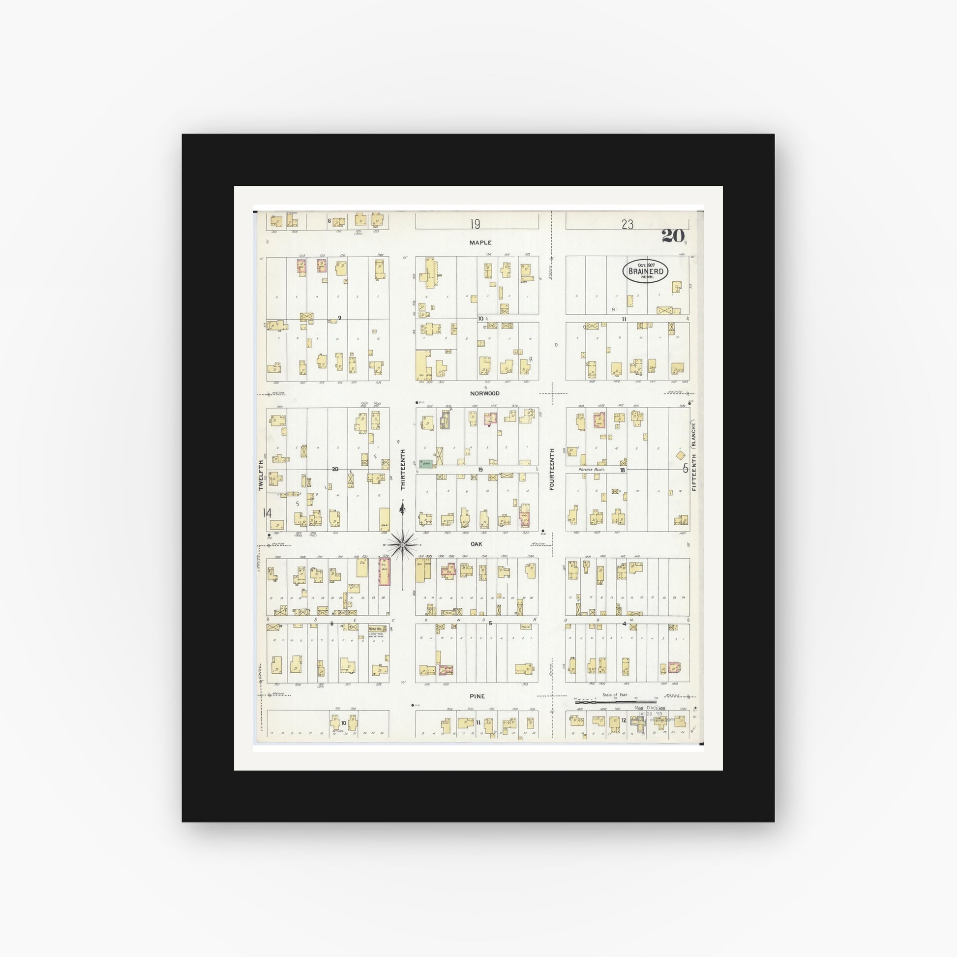 Old map wall art mockup — black gallery frame with white mat — Sanborn Fire Insurance Map from Brainerd, Crow Wing County, Minnesota (1907), Sheet #0020