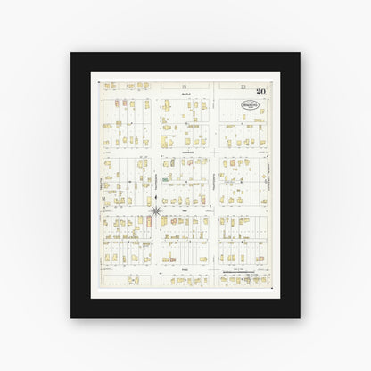 Old map wall art mockup — black gallery frame with white mat — Sanborn Fire Insurance Map from Brainerd, Crow Wing County, Minnesota (1907), Sheet #0020