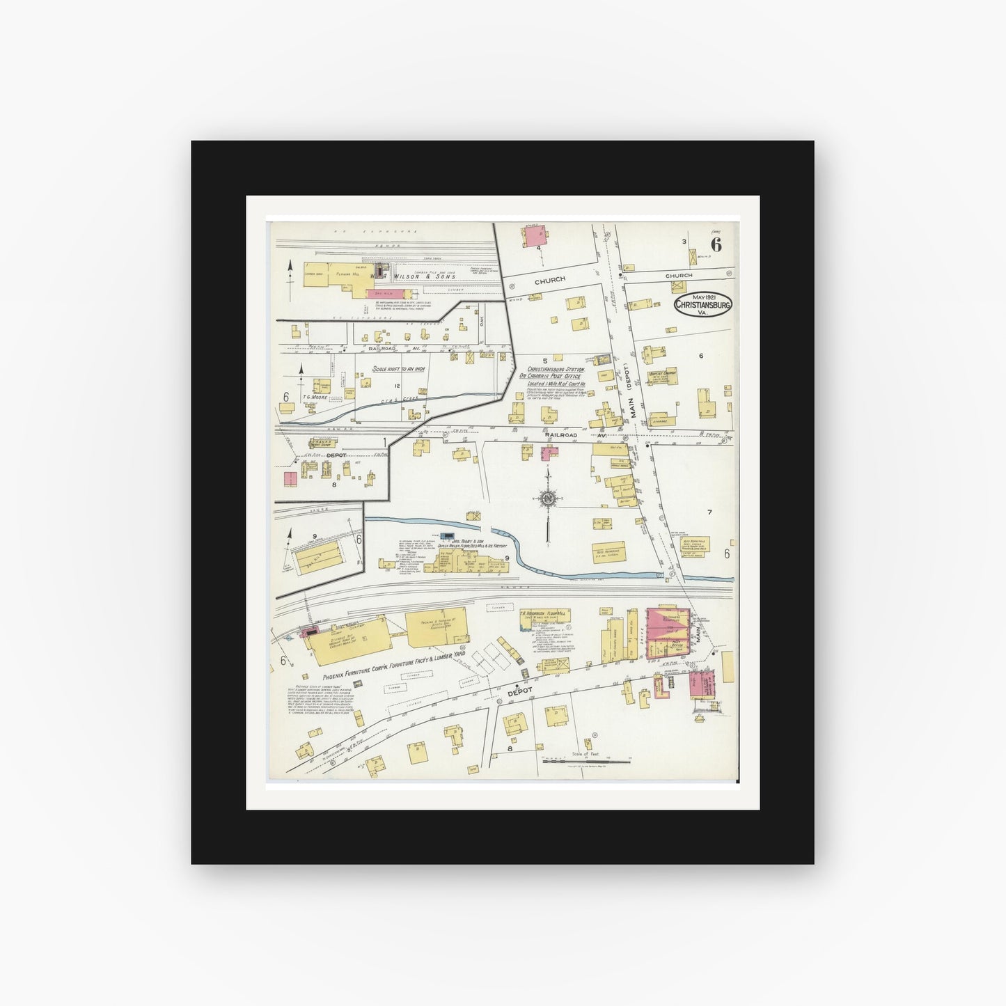 Old map wall art mockup — black gallery frame with white mat — Sanborn Fire Insurance Map from Christiansburg, Montgomery County, Virginia (1921), Sheet #0006