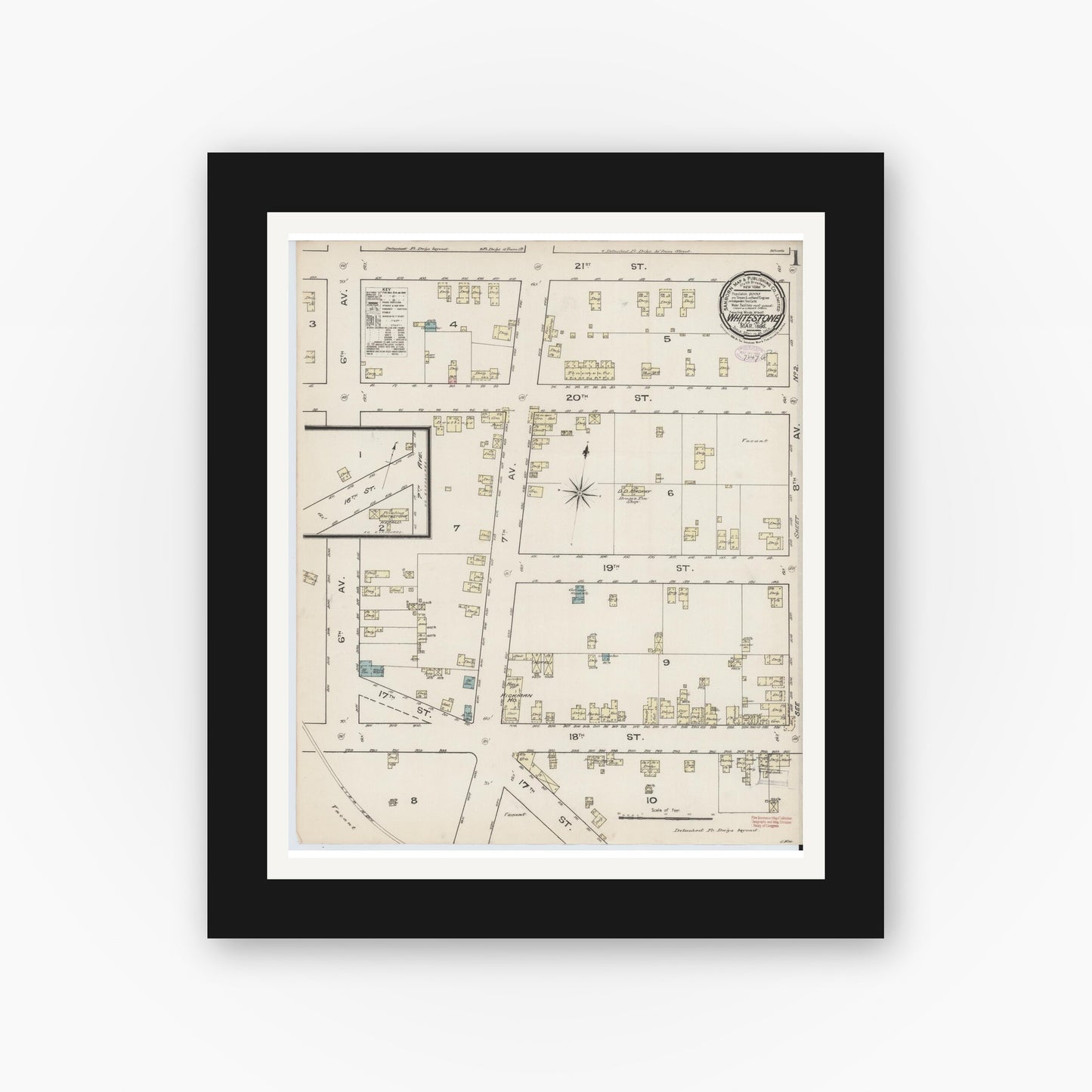 Old map wall art mockup — black gallery frame with white mat — Sanborn Fire Insurance Map from Whitestone, Queens County, New York (1886), Sheet #0001