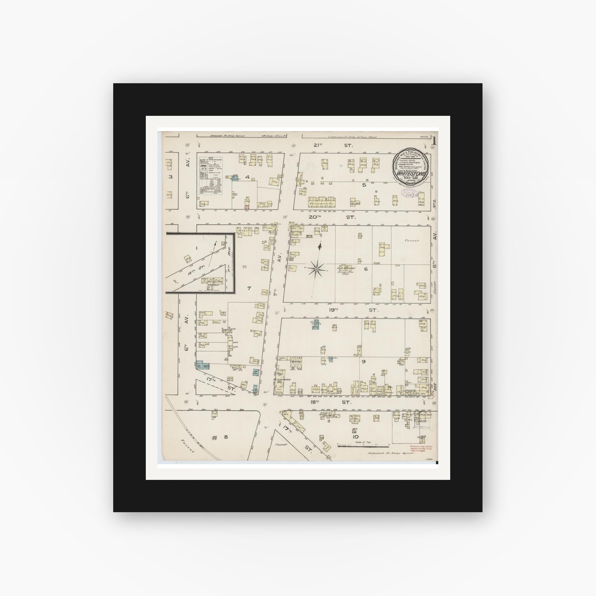 Old map wall art mockup — black gallery frame with white mat — Sanborn Fire Insurance Map from Whitestone, Queens County, New York (1886), Sheet #0001