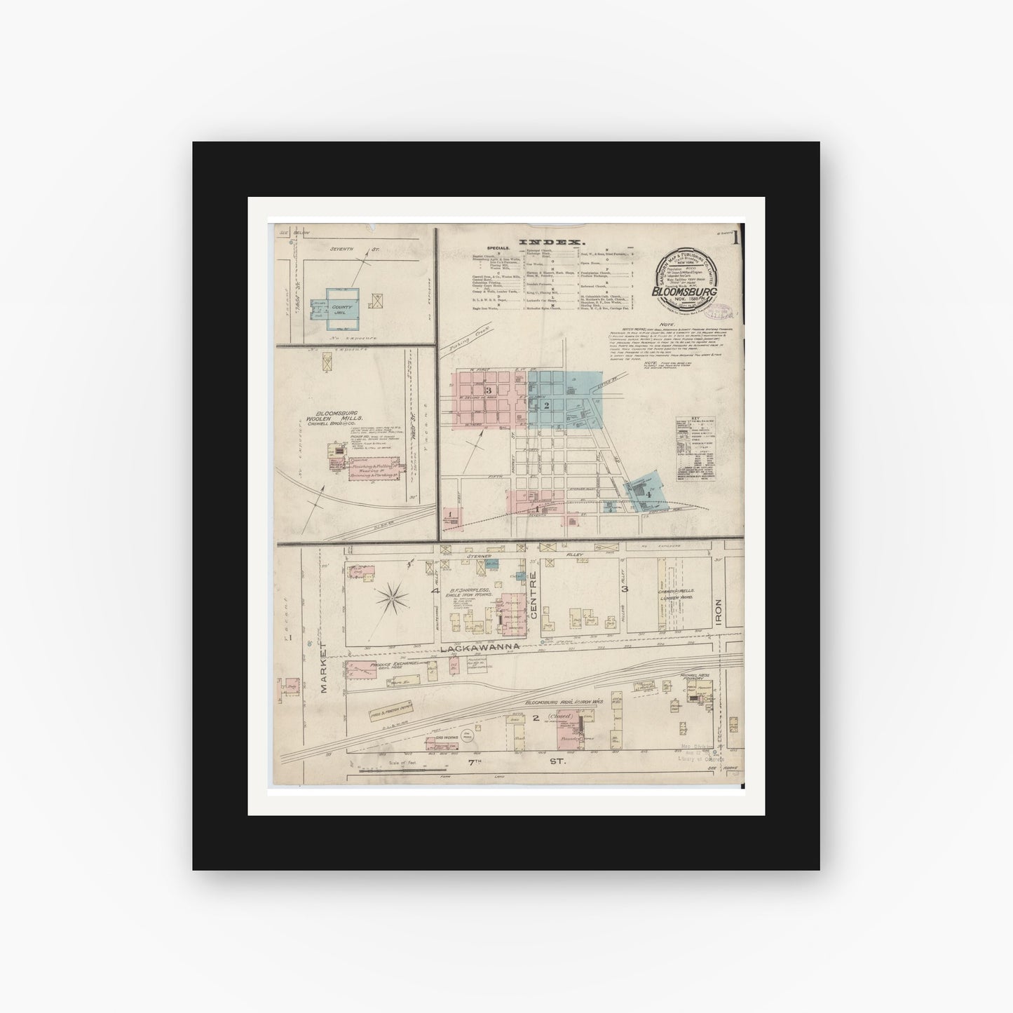 Old map wall art mockup — black gallery frame with white mat — Sanborn Fire Insurance Map from Bloomsburg, Columbia County, Pennsylvania (1885), Sheet #0001
