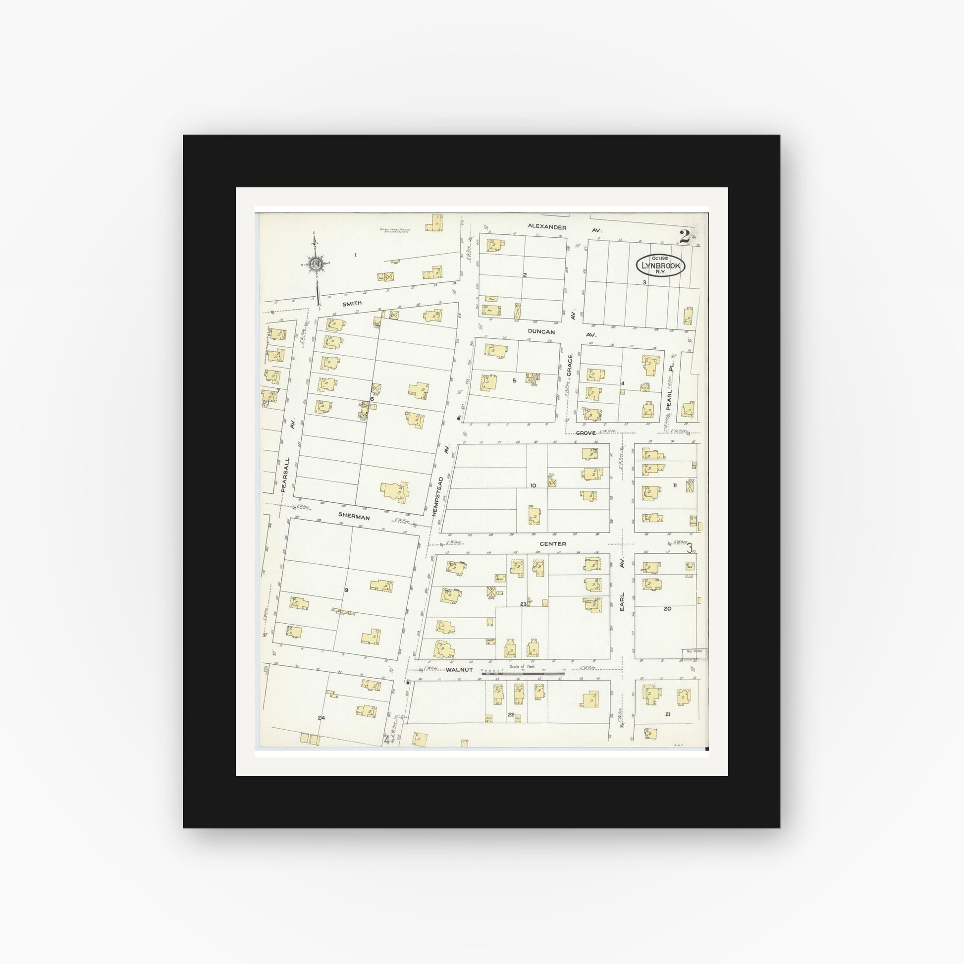 Old map wall art mockup — black gallery frame with white mat — Sanborn Fire Insurance Map from Lynbrook, Nassau County, New York (1910), Sheet #0002