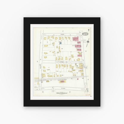 Old map wall art mockup — black gallery frame with white mat — Sanborn Fire Insurance Map from Patchogue, Suffolk County, New York (1916), Sheet #0007