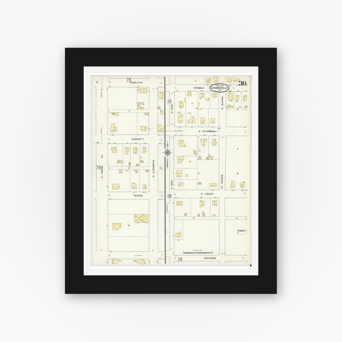 Old map wall art mockup — black gallery frame with white mat — Sanborn Fire Insurance Map from Gainesville, Cooke County, Texas (1913), Sheet #0030