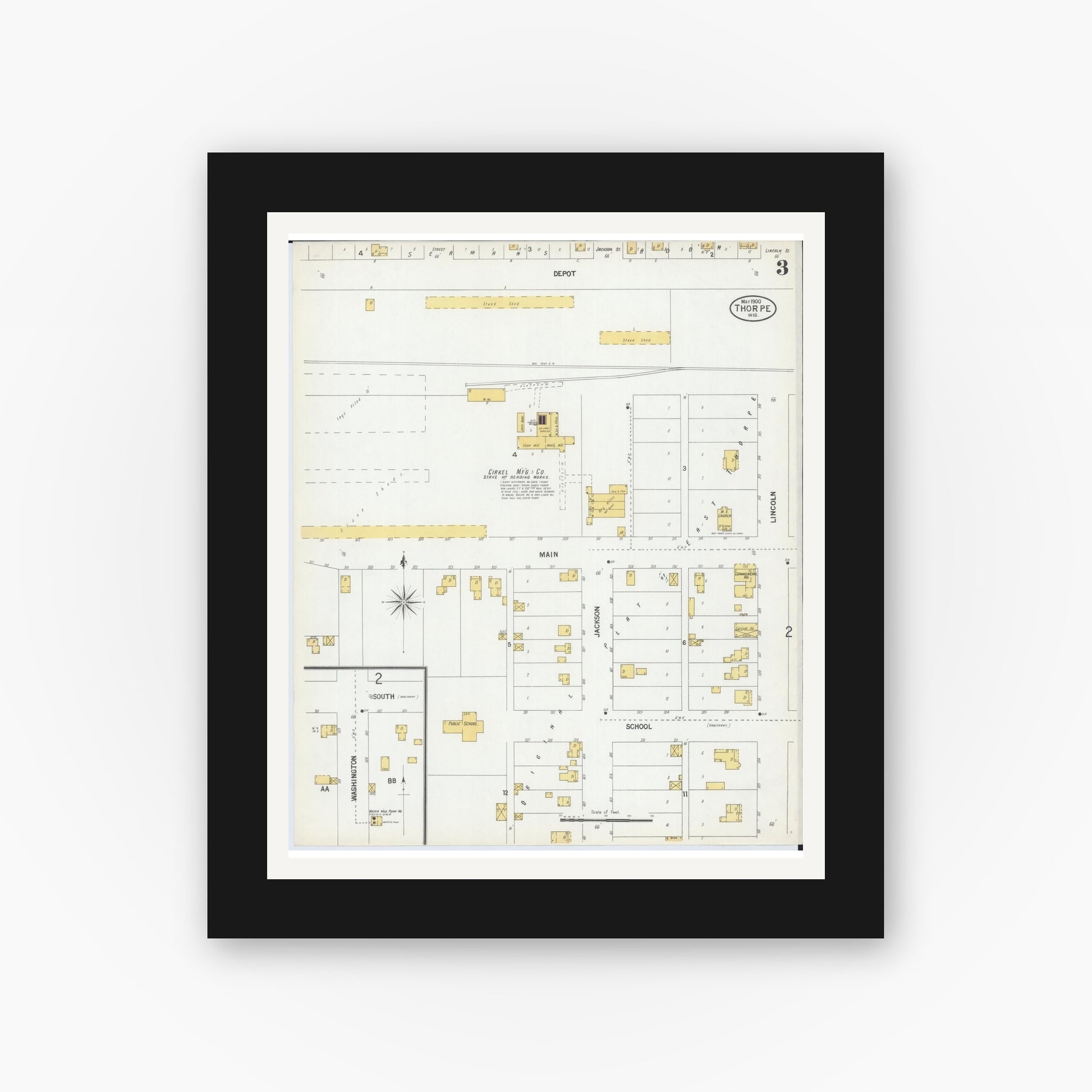 Old map wall art mockup — black gallery frame with white mat — Sanborn Fire Insurance Map from Thorpe, Clark County, Wisconsin (1900), Sheet #0003
