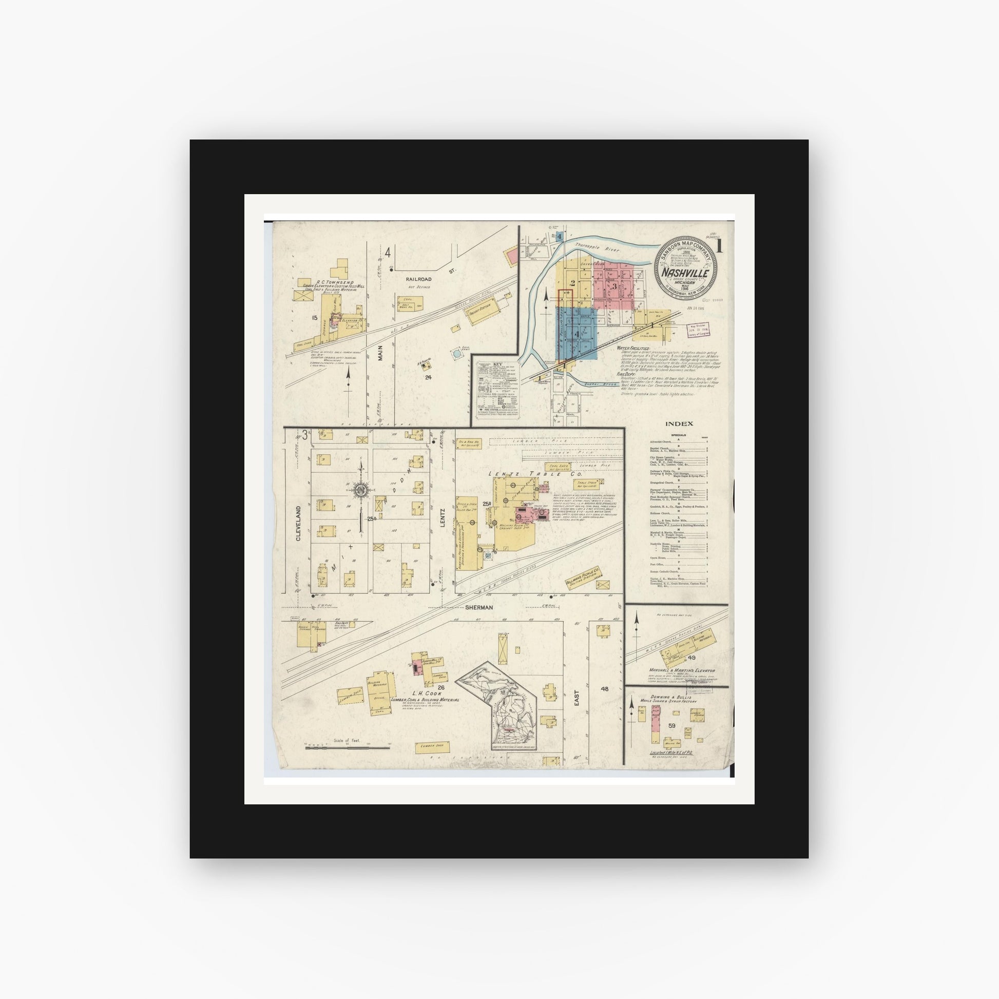Old map wall art mockup — black gallery frame with white mat — Sanborn Fire Insurance Map from Nashville, Barry County, Michigan (1916) - Complete Map Set