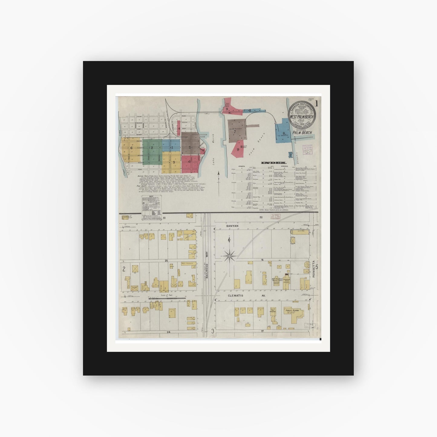 Old map wall art mockup — black gallery frame with white mat — Sanborn Fire Insurance Map from West Palm Beach, Dade County, Florida (1908), Sheet #0001