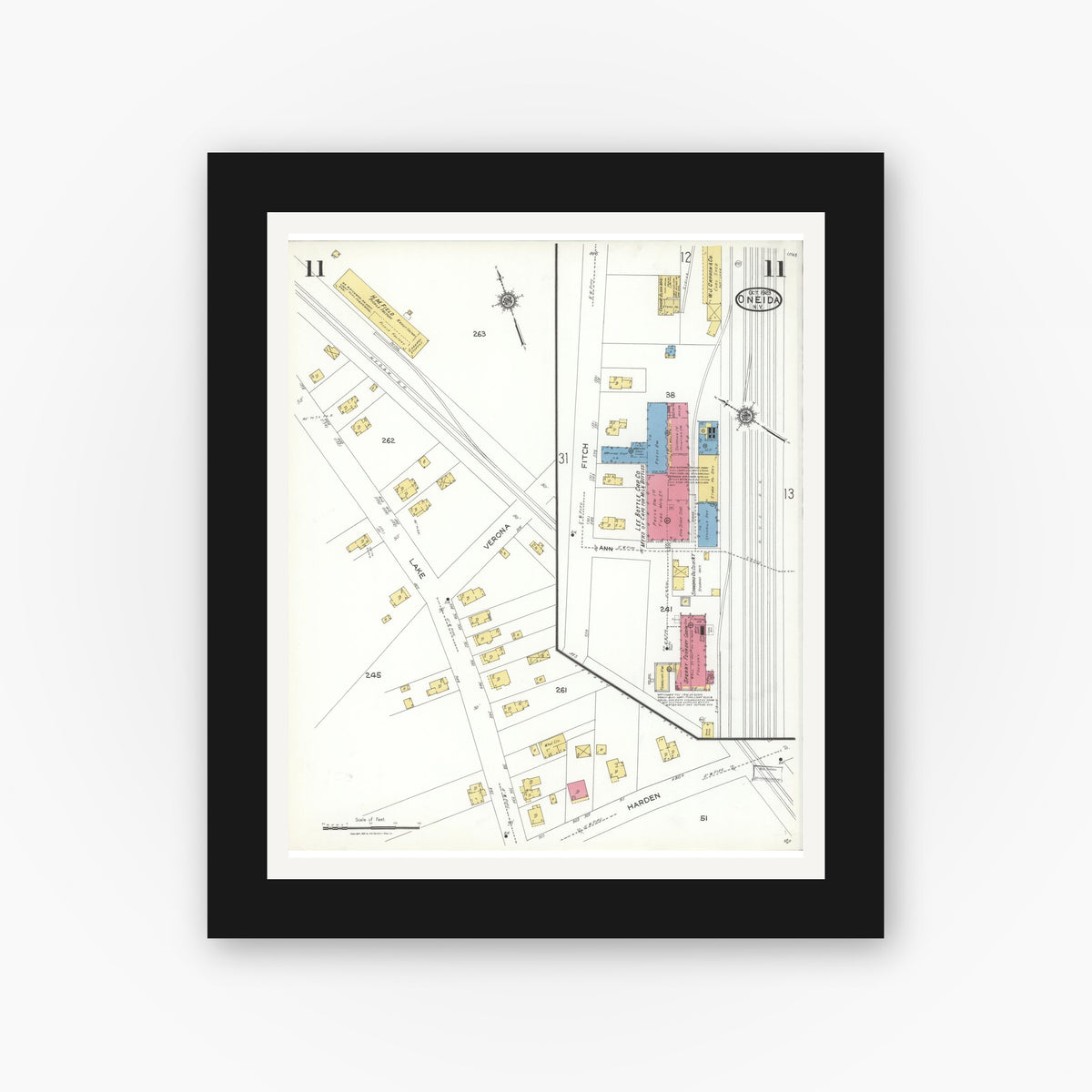 Old map wall art mockup — black gallery frame with white mat — Sanborn Fire Insurance Map from Oneida, Madison County, New York (1923), Sheet #0011