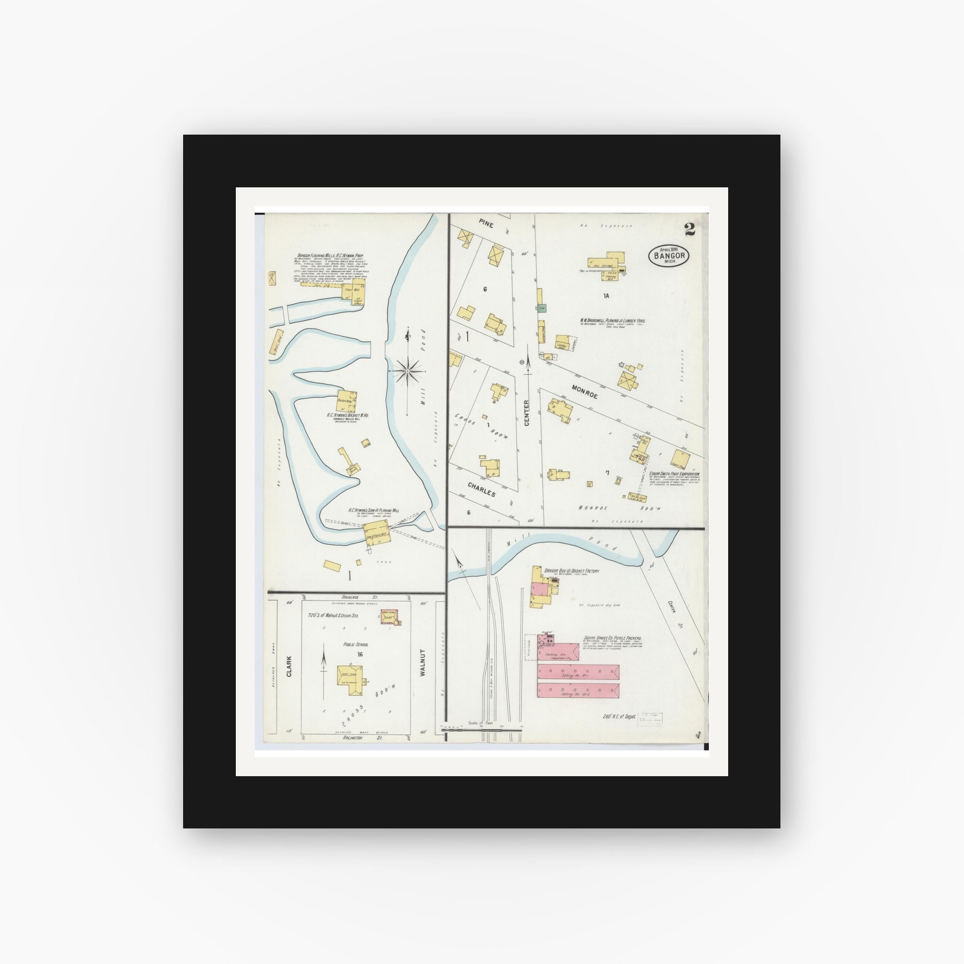 Old map wall art mockup — black gallery frame with white mat — Sanborn Fire Insurance Map from Bangor, Van Buren County, Michigan (1899), Sheet #0002