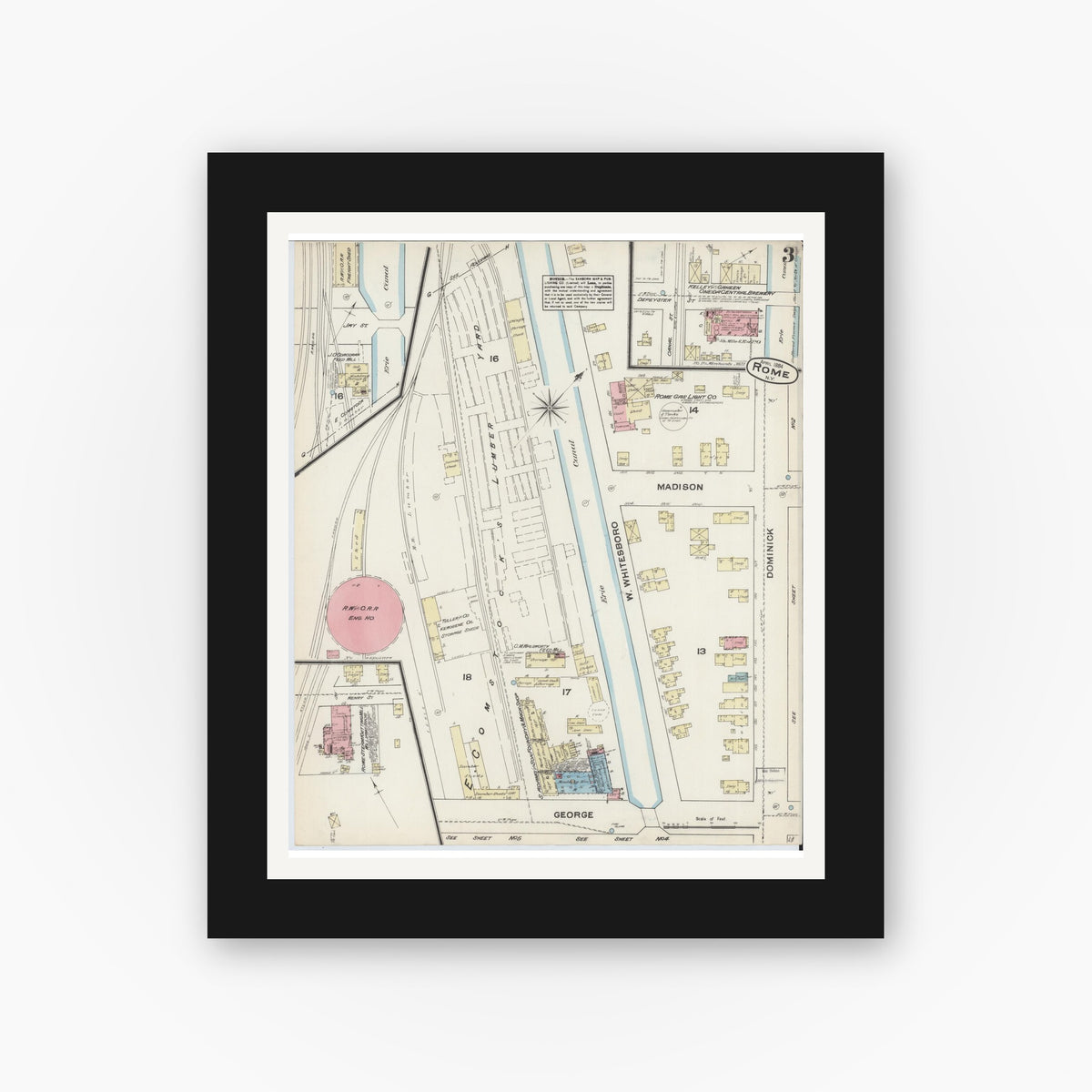 Old map wall art mockup — black gallery frame with white mat — Sanborn Fire Insurance Map from Rome, Oneida County, New York (1884), Sheet #0003