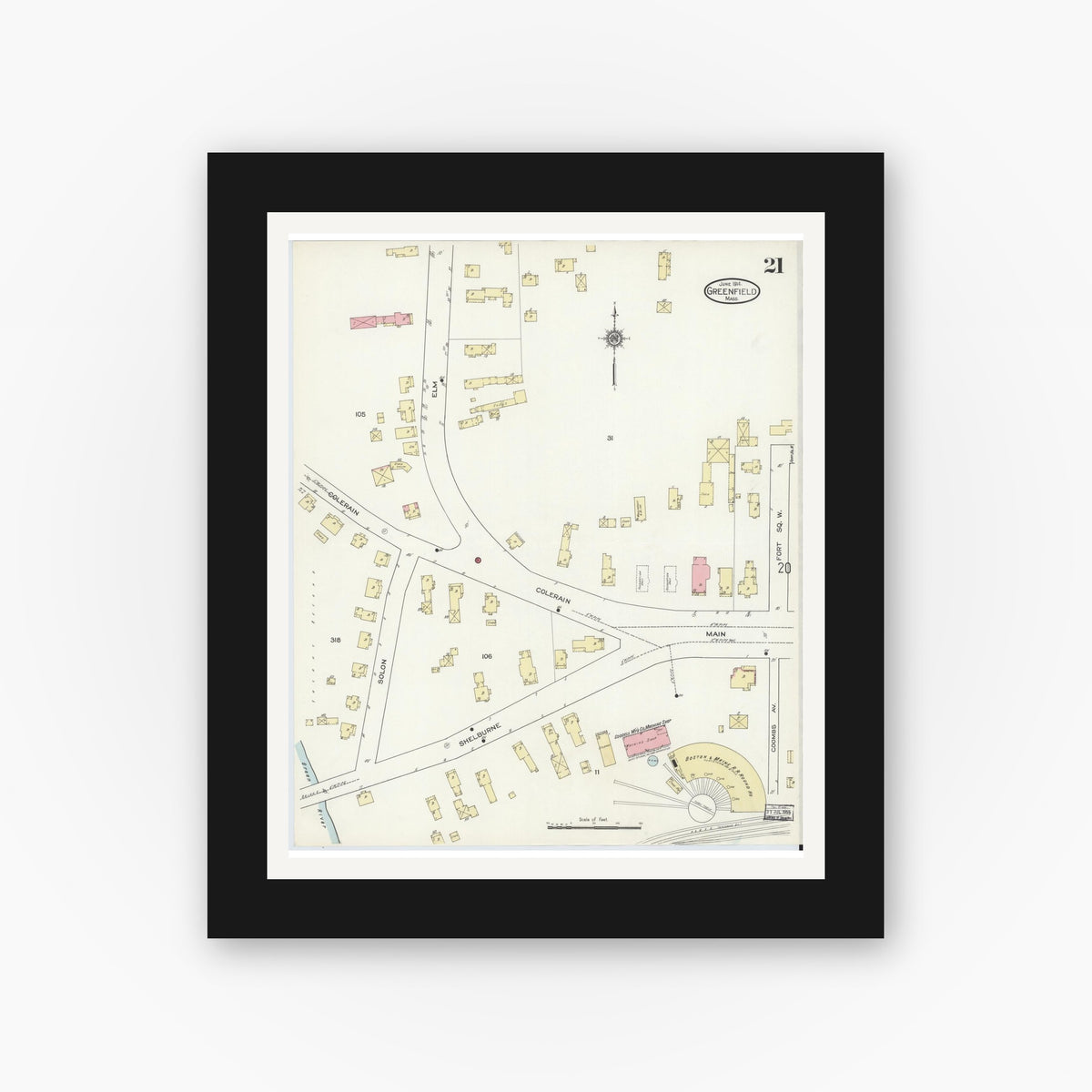 Old map wall art mockup — black gallery frame with white mat — Sanborn Fire Insurance Map from Greenfield, Franklin County, Massachusetts (1914), Sheet #0021
