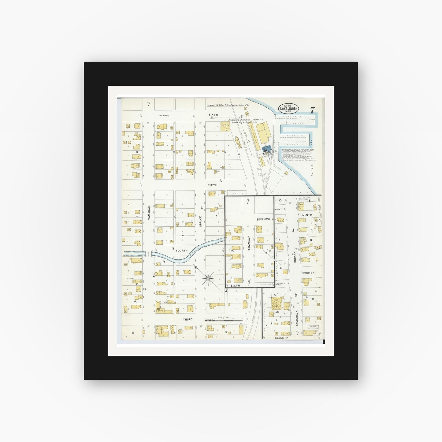 Old map wall art mockup — black gallery frame with white mat — Sanborn Fire Insurance Map from Lake Linden, Houghton County, Michigan (1908), Sheet #0007