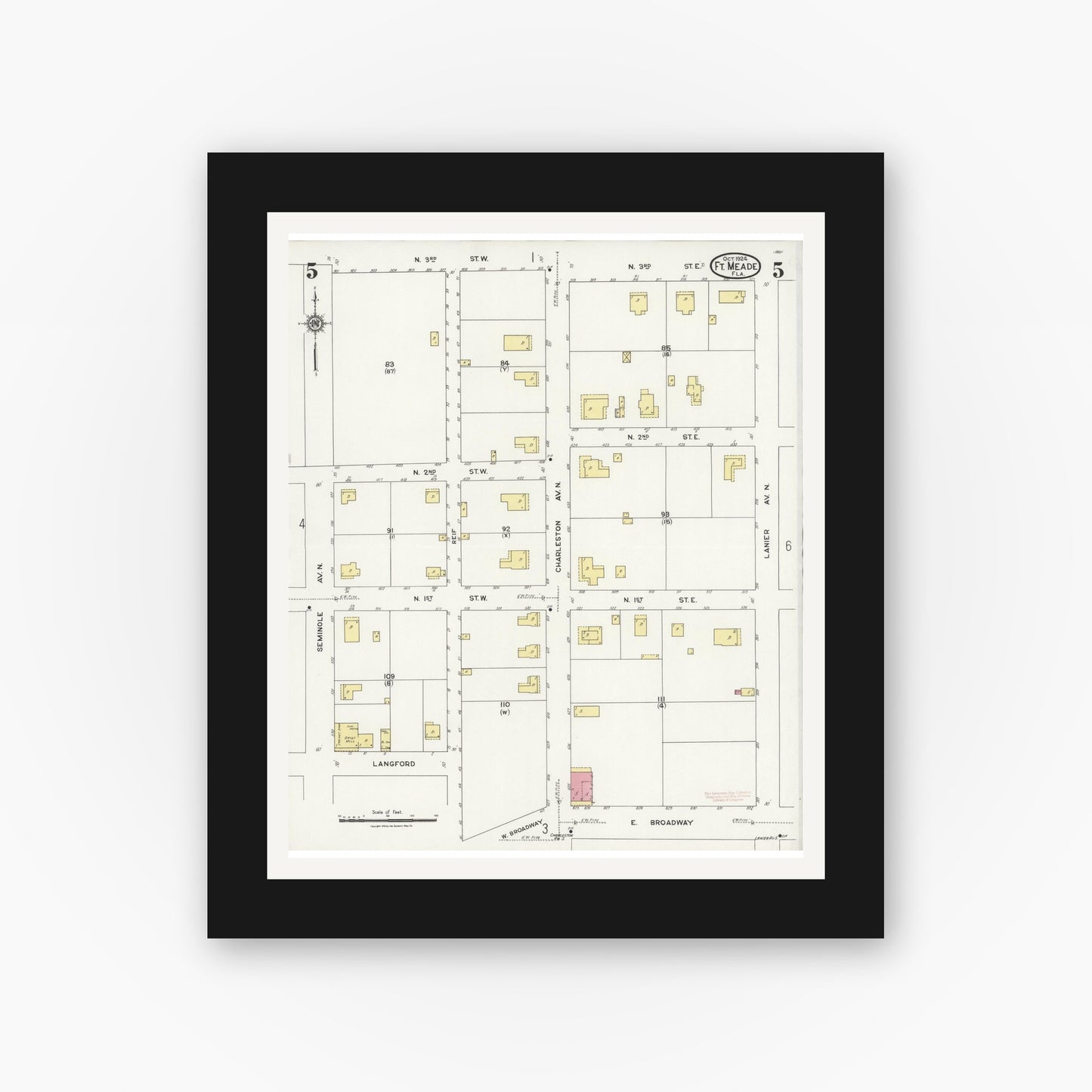 Old map wall art mockup — black gallery frame with white mat — Sanborn Fire Insurance Map from Fort Meade, Polk County, Florida (1924), Sheet #0005