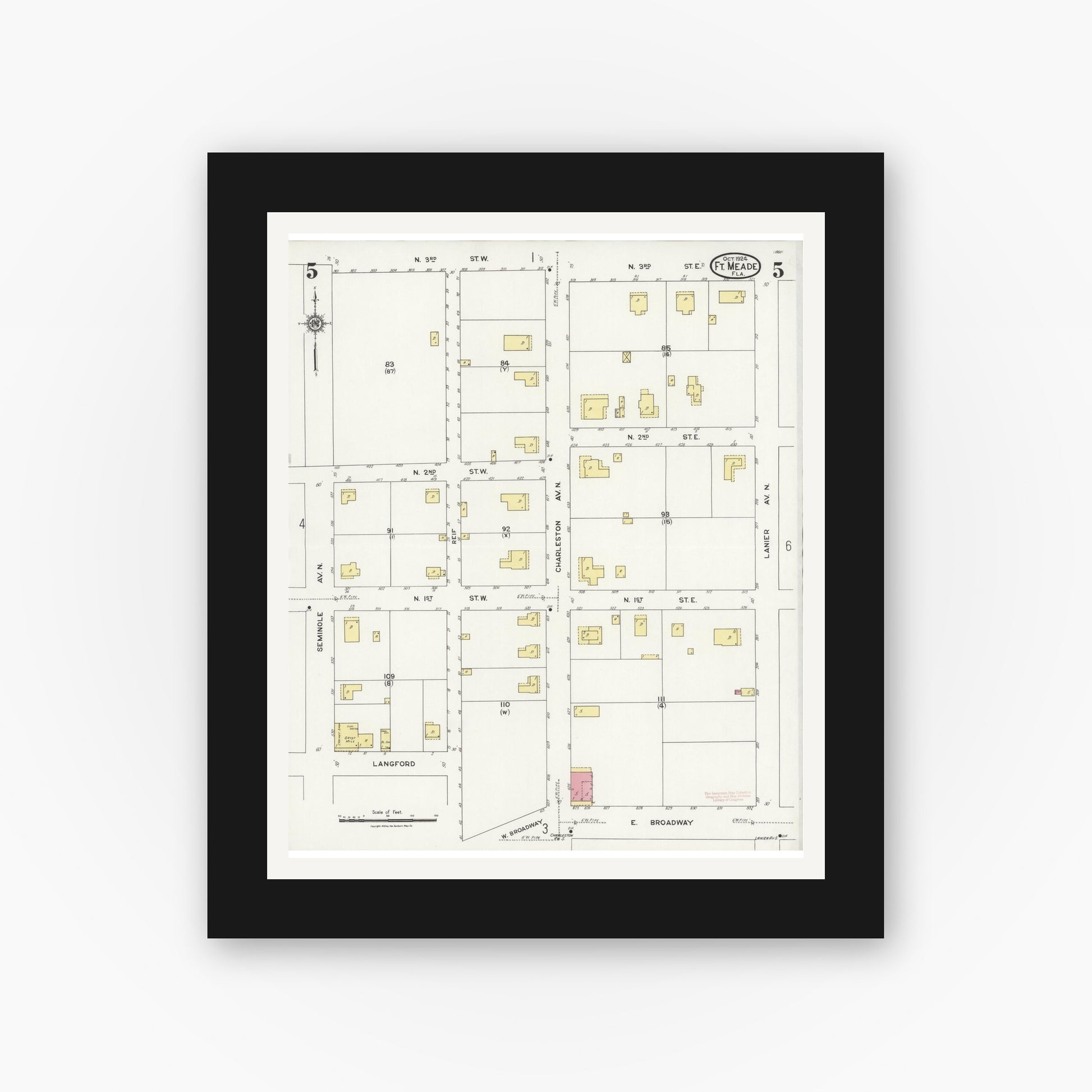 Old map wall art mockup — black gallery frame with white mat — Sanborn Fire Insurance Map from Fort Meade, Polk County, Florida (1924), Sheet #0005