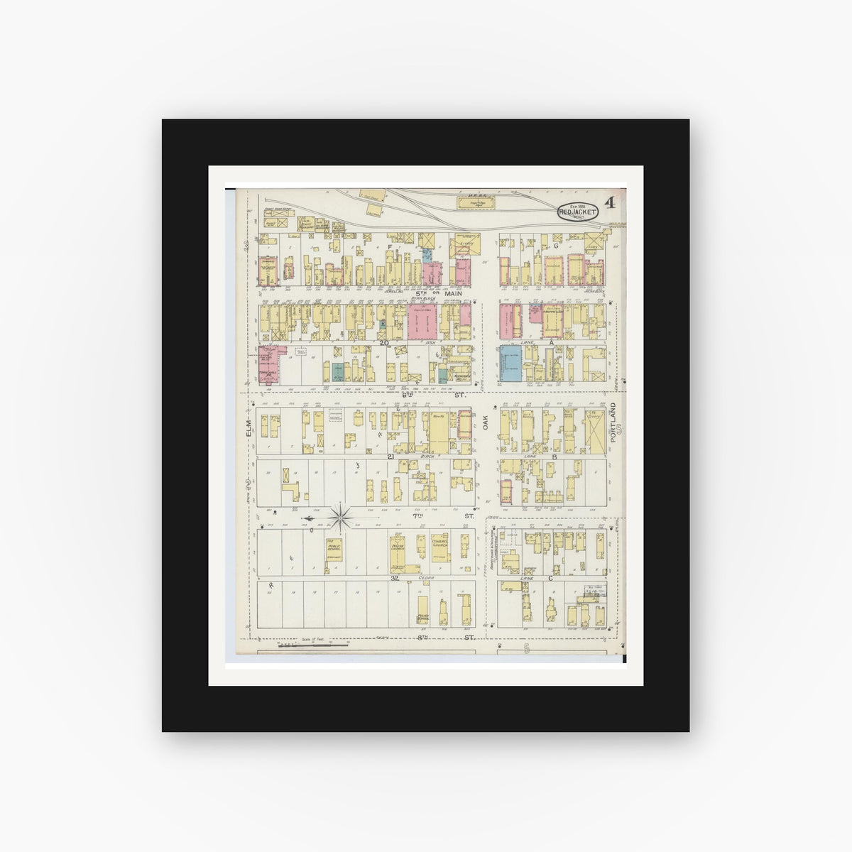 Old map wall art mockup — black gallery frame with white mat — Sanborn Fire Insurance Map from Red Jacket, Houghton County, Michigan (1893), Sheet #0004