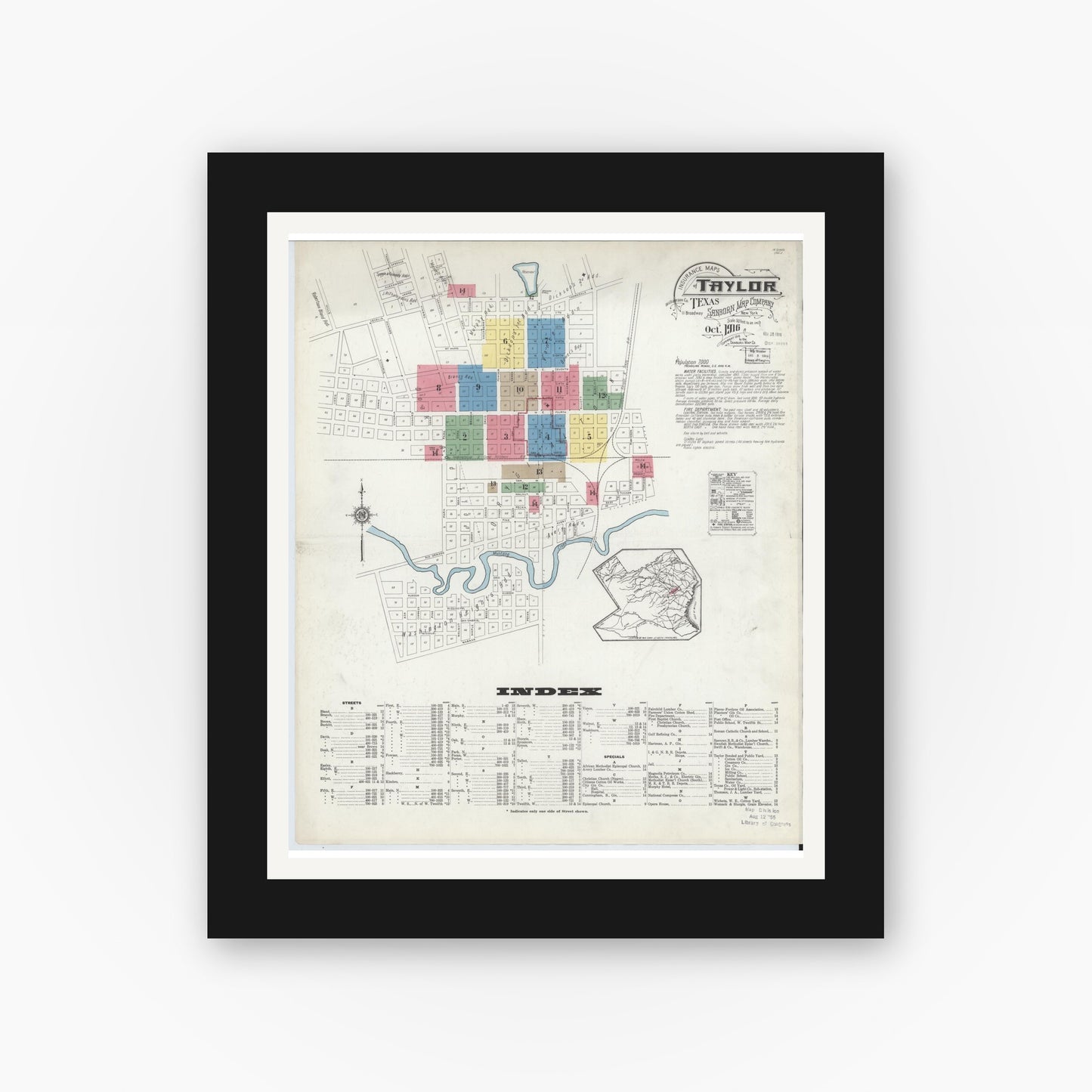 Old map wall art mockup — black gallery frame with white mat — Sanborn Fire Insurance Map from Taylor, Williamson County, Texas (1916), Sheet #0001
