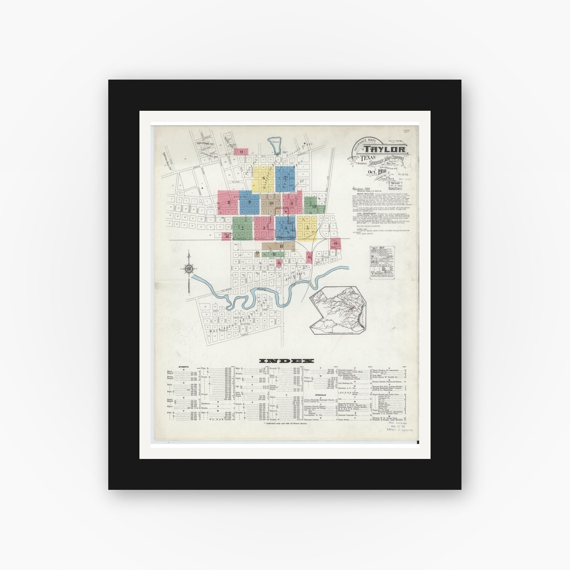 Old map wall art mockup — black gallery frame with white mat — Sanborn Fire Insurance Map from Taylor, Williamson County, Texas (1916), Sheet #0001