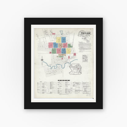 Old map wall art mockup — black gallery frame with white mat — Sanborn Fire Insurance Map from Taylor, Williamson County, Texas (1916), Sheet #0001
