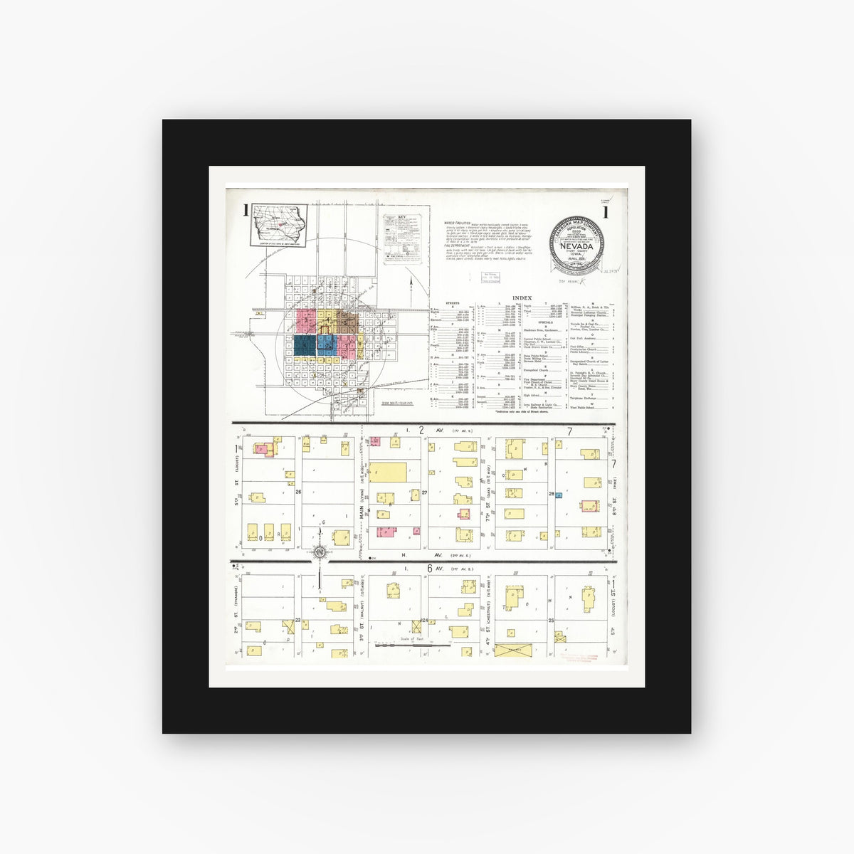 Old map wall art mockup — black gallery frame with white mat — Sanborn Fire Insurance Map from Nevada, Story County, Iowa (1926) â€” Complete Set