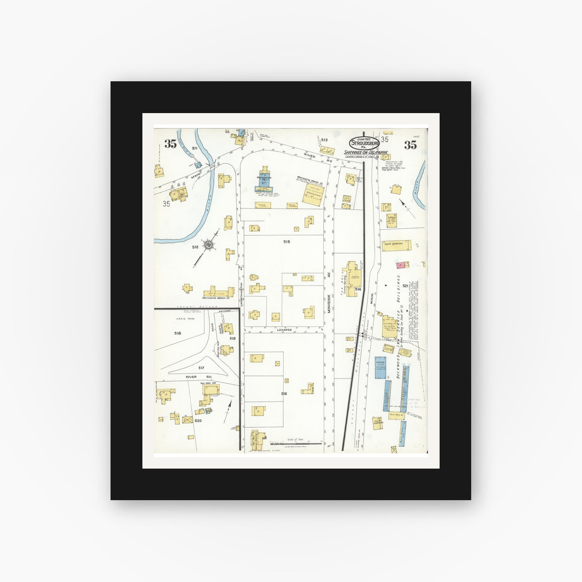 Old map wall art mockup — black gallery frame with white mat — Sanborn Fire Insurance Map from Stroudsburg, Monroe County, Pennsylvania (1923), Sheet #0035