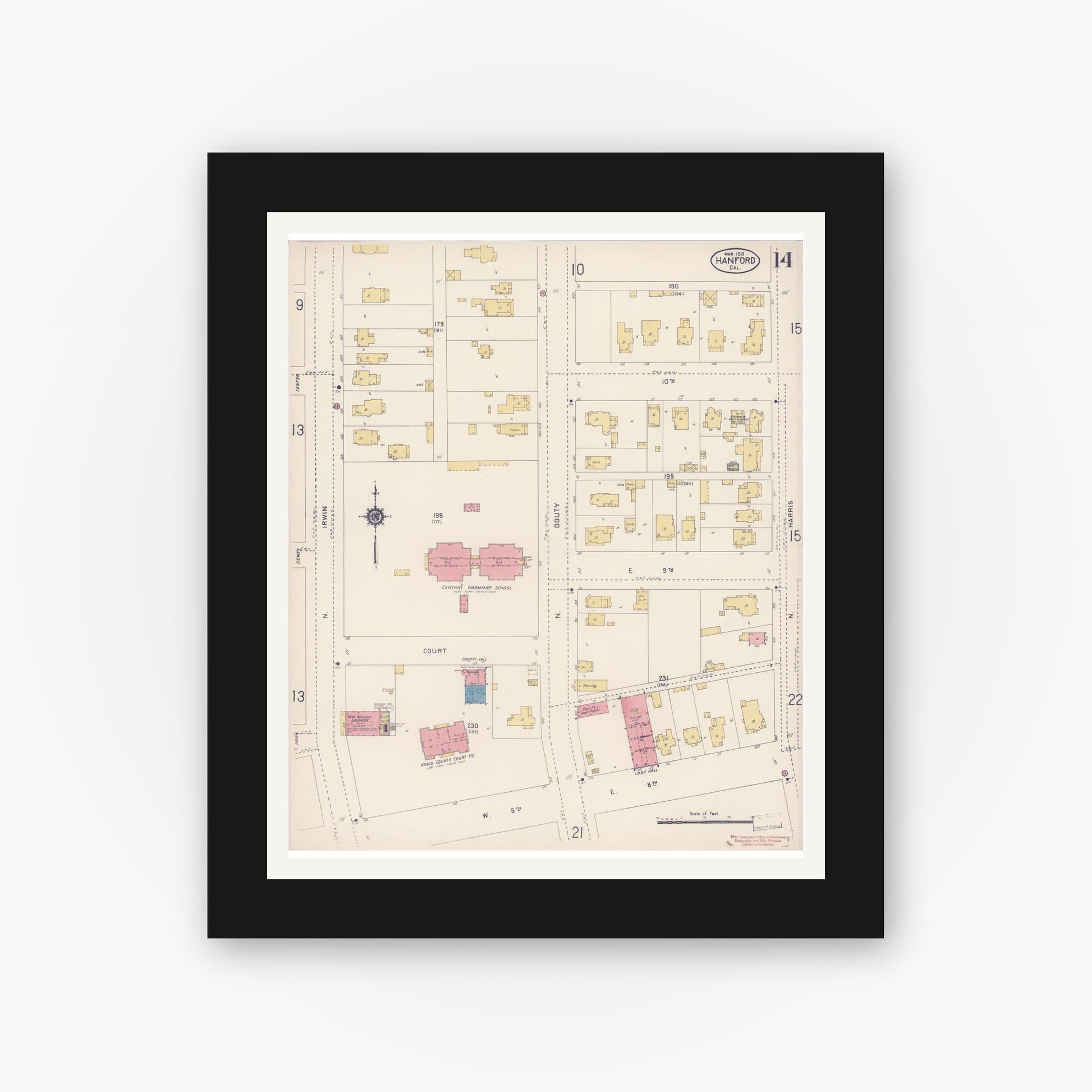 Old map wall art mockup — black gallery frame with white mat — Sanborn Fire Insurance Map from Hanford, Kings County, California (1913), Sheet #0014
