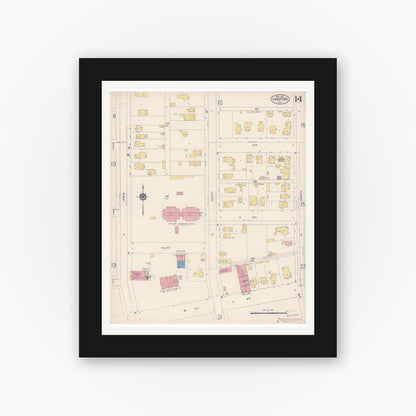 Old map wall art mockup — black gallery frame with white mat — Sanborn Fire Insurance Map from Hanford, Kings County, California (1913), Sheet #0014