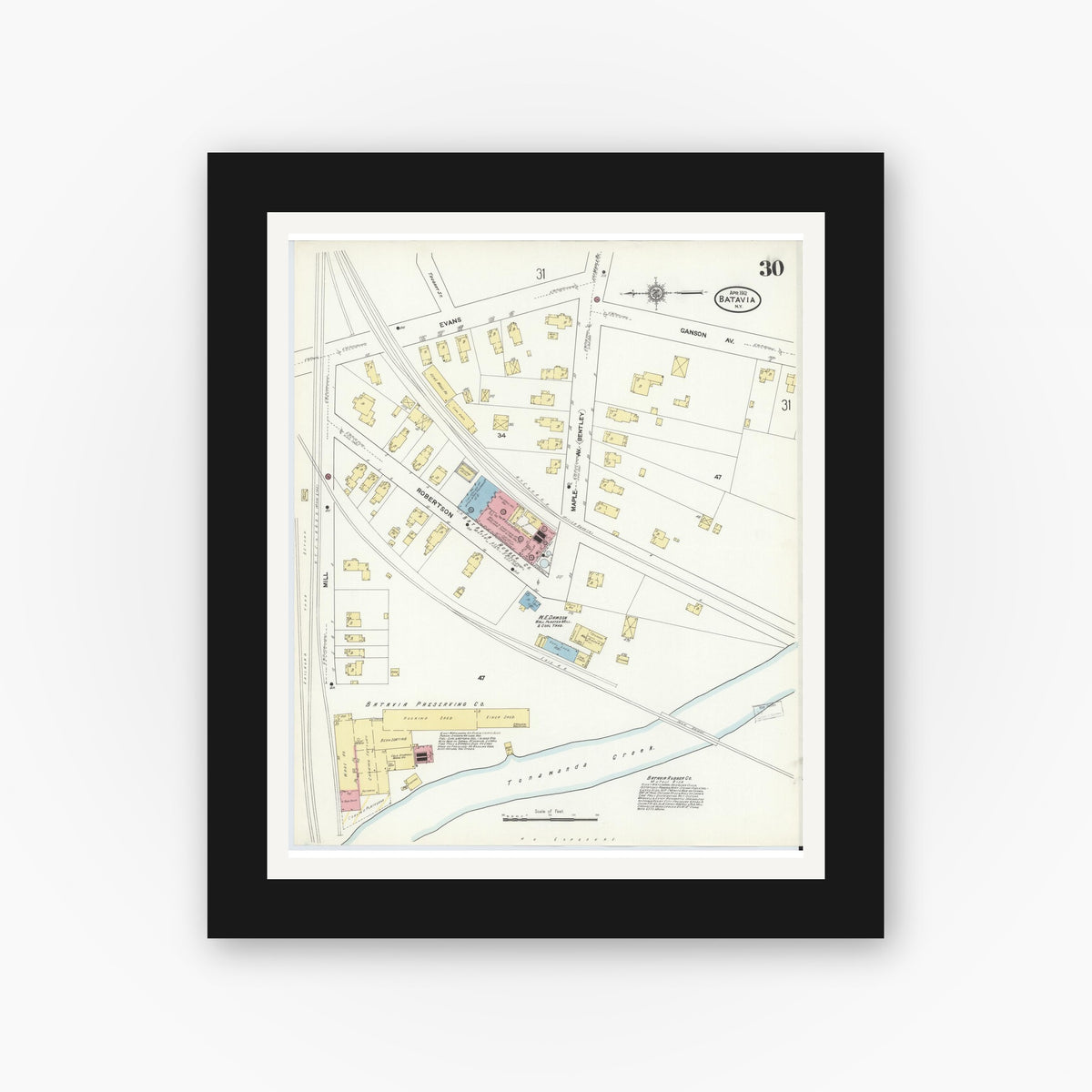 Old map wall art mockup — black gallery frame with white mat — Sanborn Fire Insurance Map from Batavia, Genesee County, New York (1912), Sheet #0030