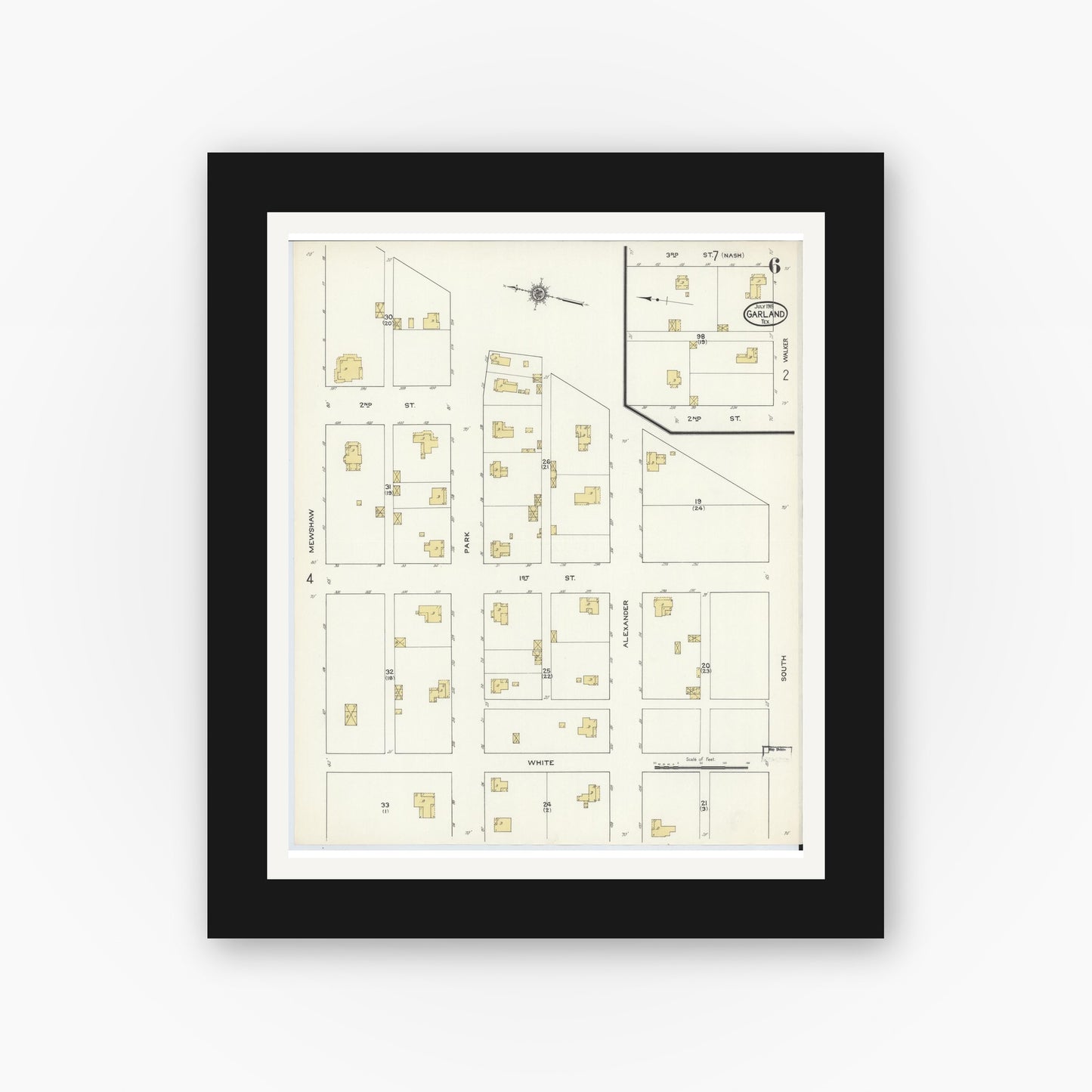 Old map wall art mockup — black gallery frame with white mat — Sanborn Fire Insurance Map from Garland, Dallas County, Texas (1915), Sheet #0006