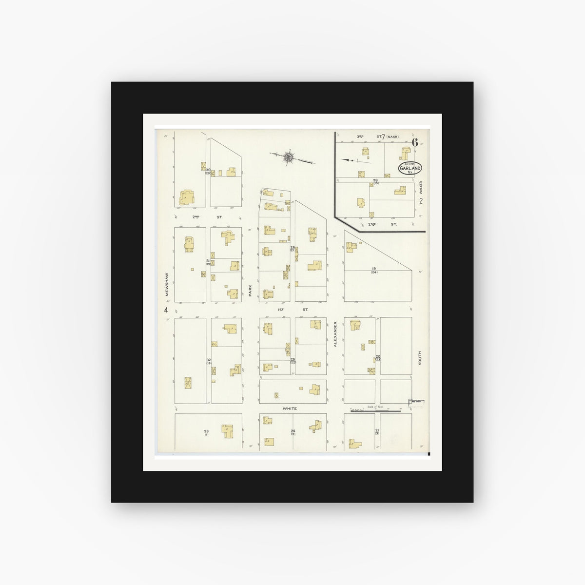 Old map wall art mockup — black gallery frame with white mat — Sanborn Fire Insurance Map from Garland, Dallas County, Texas (1915), Sheet #0006