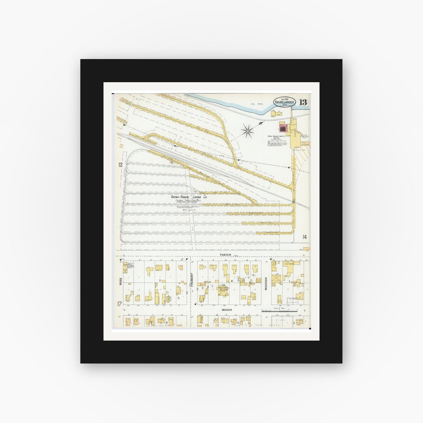 Old map wall art mockup — black gallery frame with white mat — Sanborn Fire Insurance Map from Rhinelander, Oneida County, Wisconsin (1900), Sheet #0013