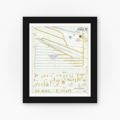 Old map wall art mockup — black gallery frame with white mat — Sanborn Fire Insurance Map from Rhinelander, Oneida County, Wisconsin (1900), Sheet #0013