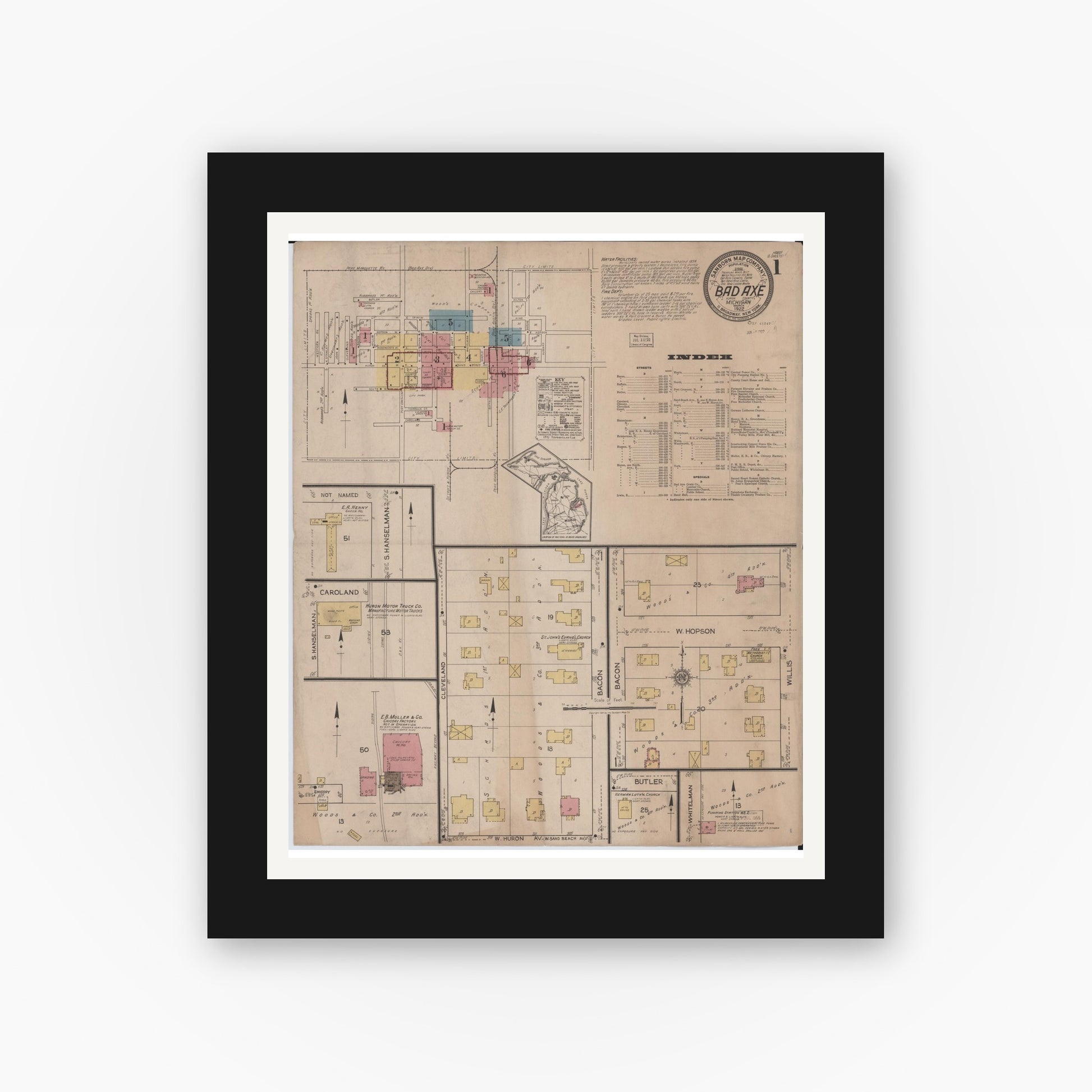 Old map wall art mockup — black gallery frame with white mat — Sanborn Fire Insurance Map from Bad Axe, Huron County, Michigan (1922) - Complete Map Set