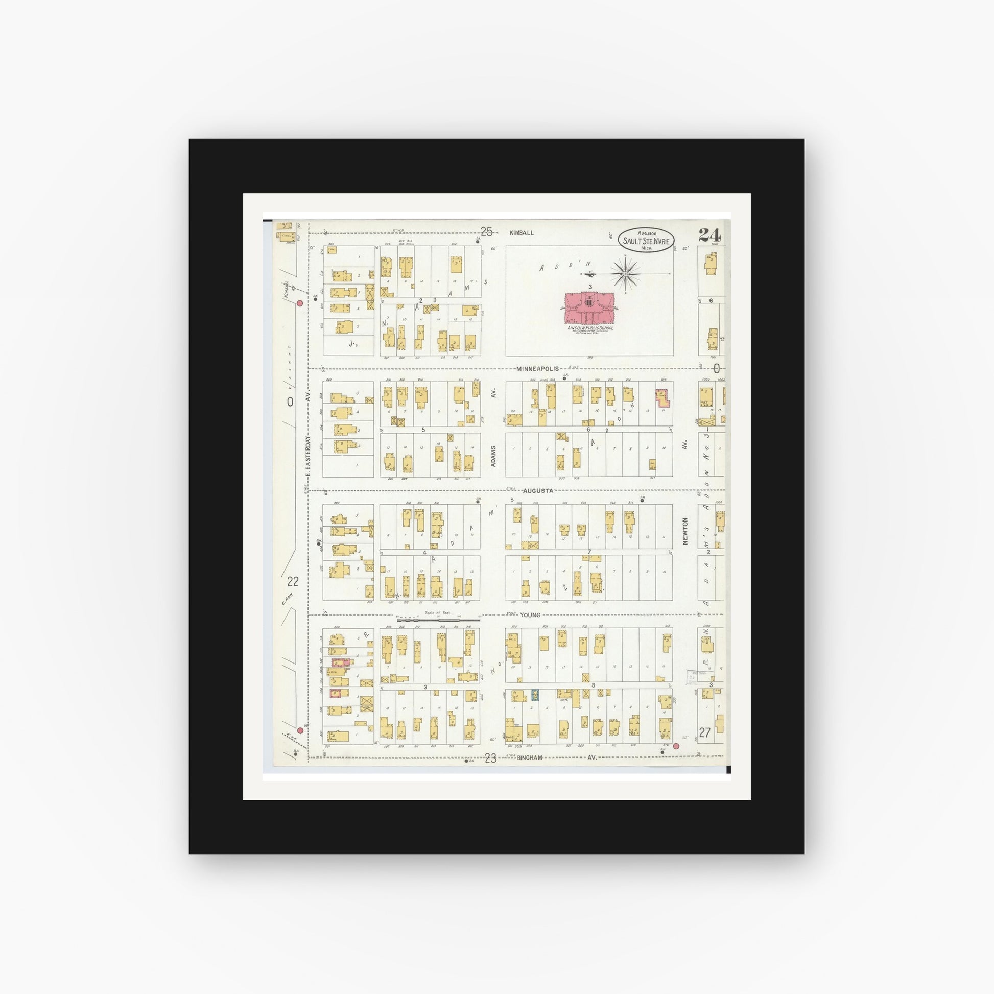 Old map wall art mockup — black gallery frame with white mat — Sanborn Fire Insurance Map from Sault Sainte Marie, Chippewa County, Michigan (1906), Sheet #0024