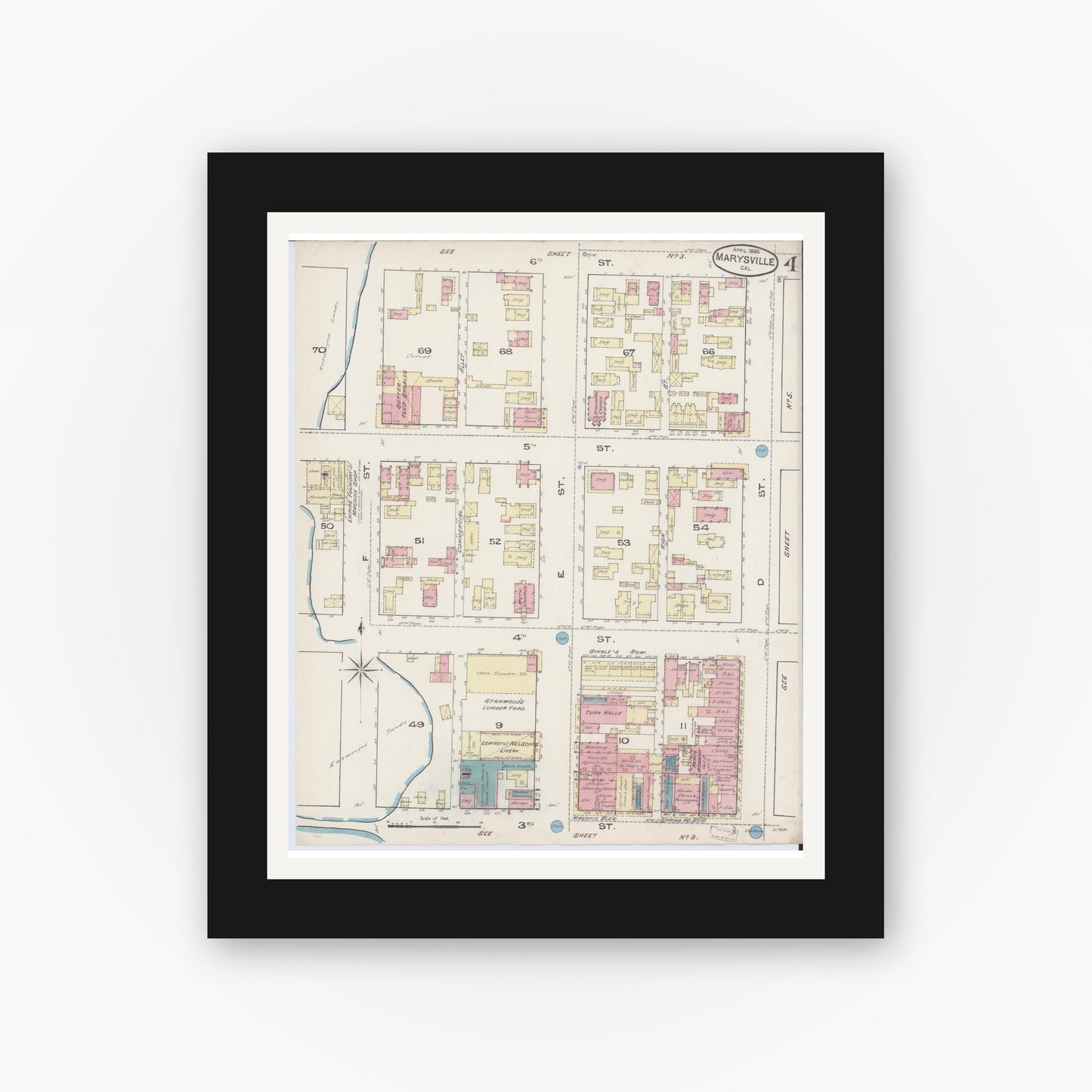 Old map wall art mockup — black gallery frame with white mat — Sanborn Fire Insurance Map from Marysville, Yuba County, California (1885), Sheet #0004