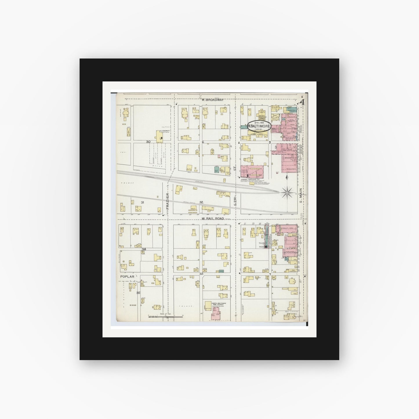 Old map wall art mockup — black gallery frame with white mat — Sanborn Fire Insurance Map from North Baltimore, Wood County, Ohio (1893), Sheet #0004