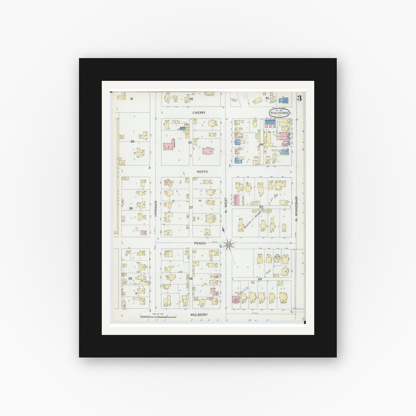 Old map wall art mockup — black gallery frame with white mat — Sanborn Fire Insurance Map from Rockford, Winnebago County, Illinois (1891), Sheet #0003