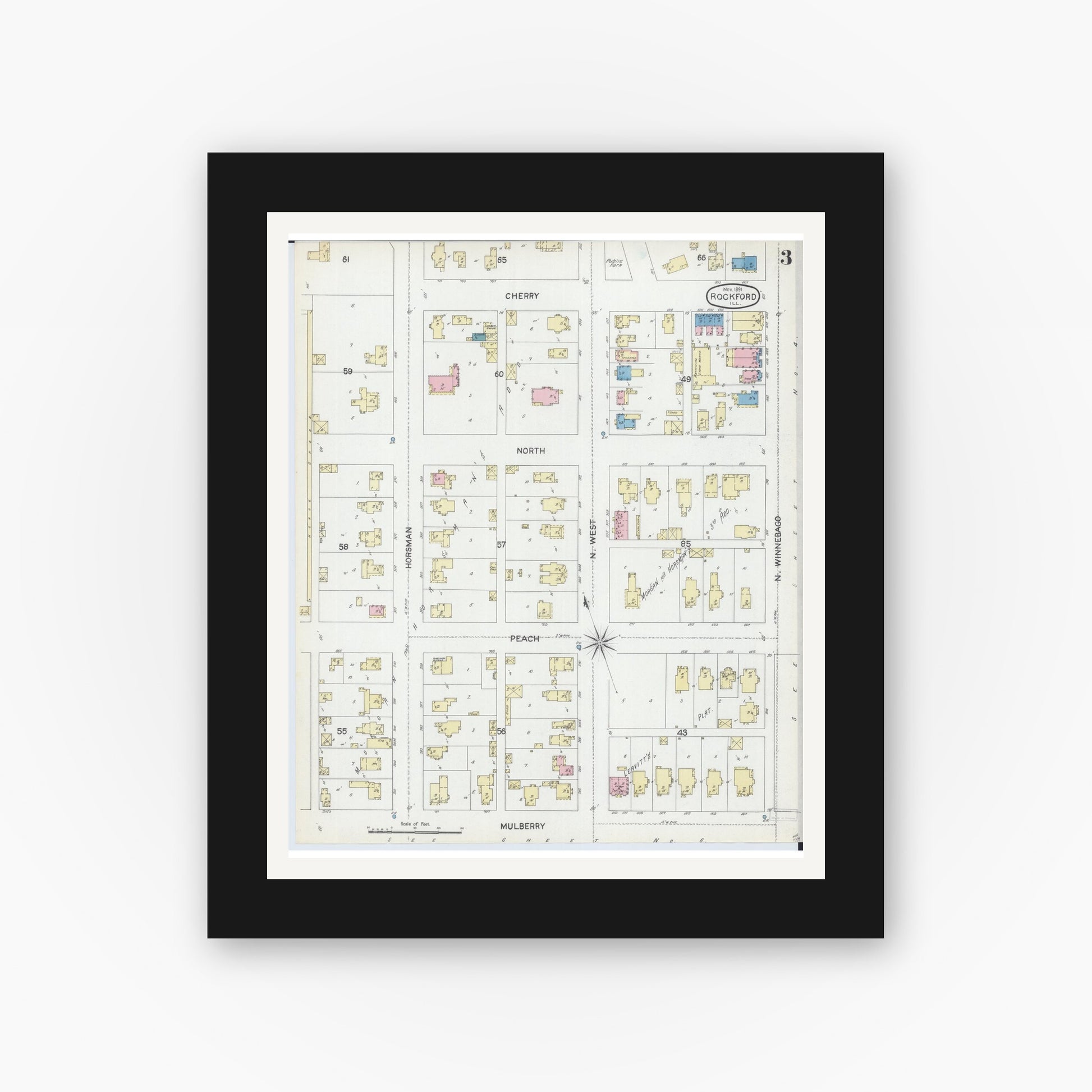 Old map wall art mockup — black gallery frame with white mat — Sanborn Fire Insurance Map from Rockford, Winnebago County, Illinois (1891), Sheet #0003