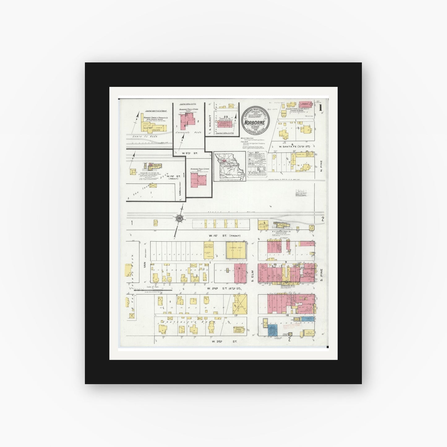 Old map wall art mockup — black gallery frame with white mat — Sanborn Fire Insurance Map from Norborne, Carroll County, Missouri (1918), Sheet #0001