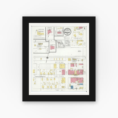 Old map wall art mockup — black gallery frame with white mat — Sanborn Fire Insurance Map from Norborne, Carroll County, Missouri (1918), Sheet #0001