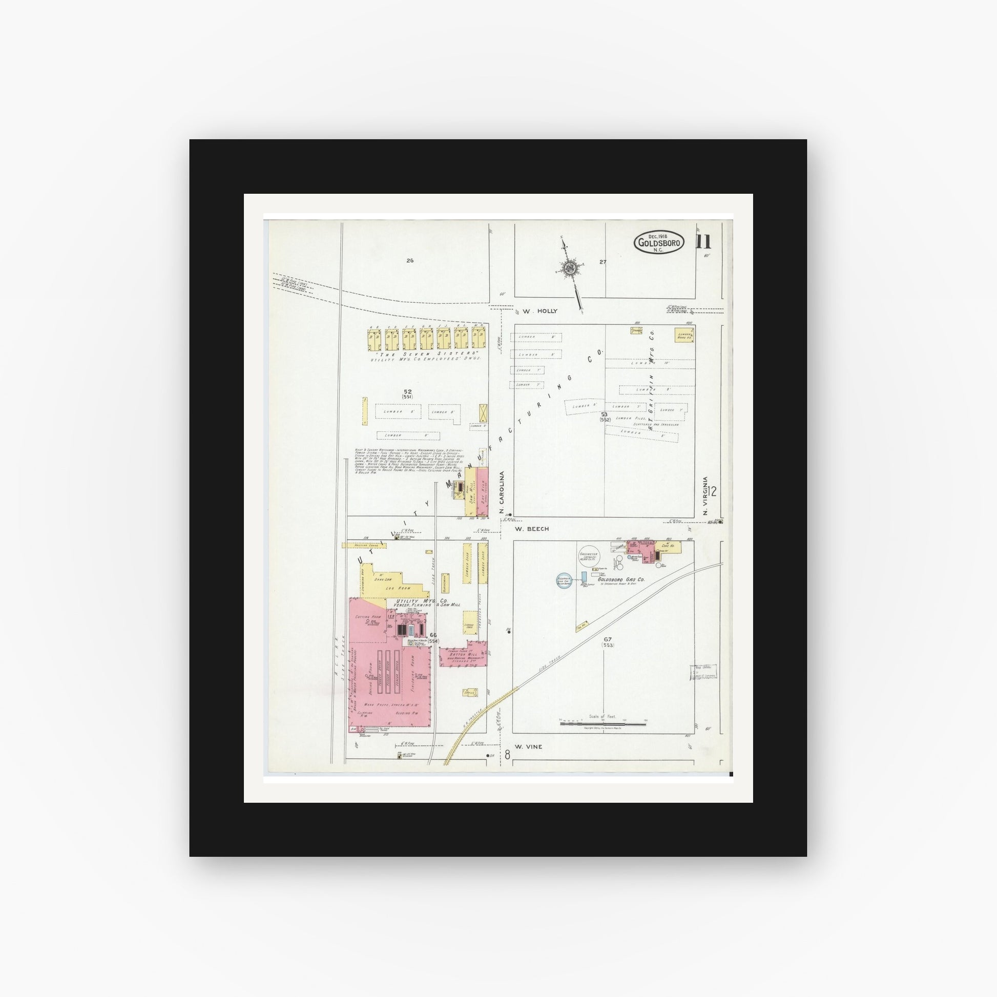 Old map wall art mockup — black gallery frame with white mat — Sanborn Fire Insurance Map from Goldsboro, Wayne County, North Carolina (1918), Sheet #0011