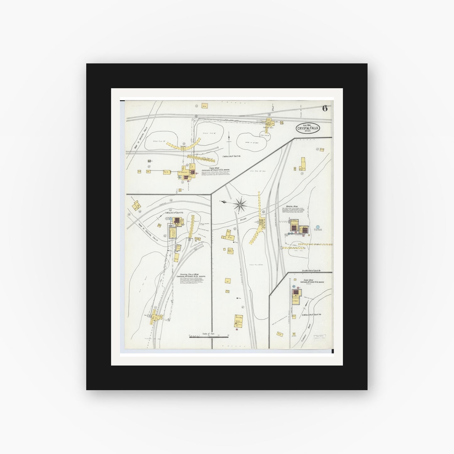 Old map wall art mockup — black gallery frame with white mat — Sanborn Fire Insurance Map from Crystal Falls, Iron County, Michigan (1904), Sheet #0006