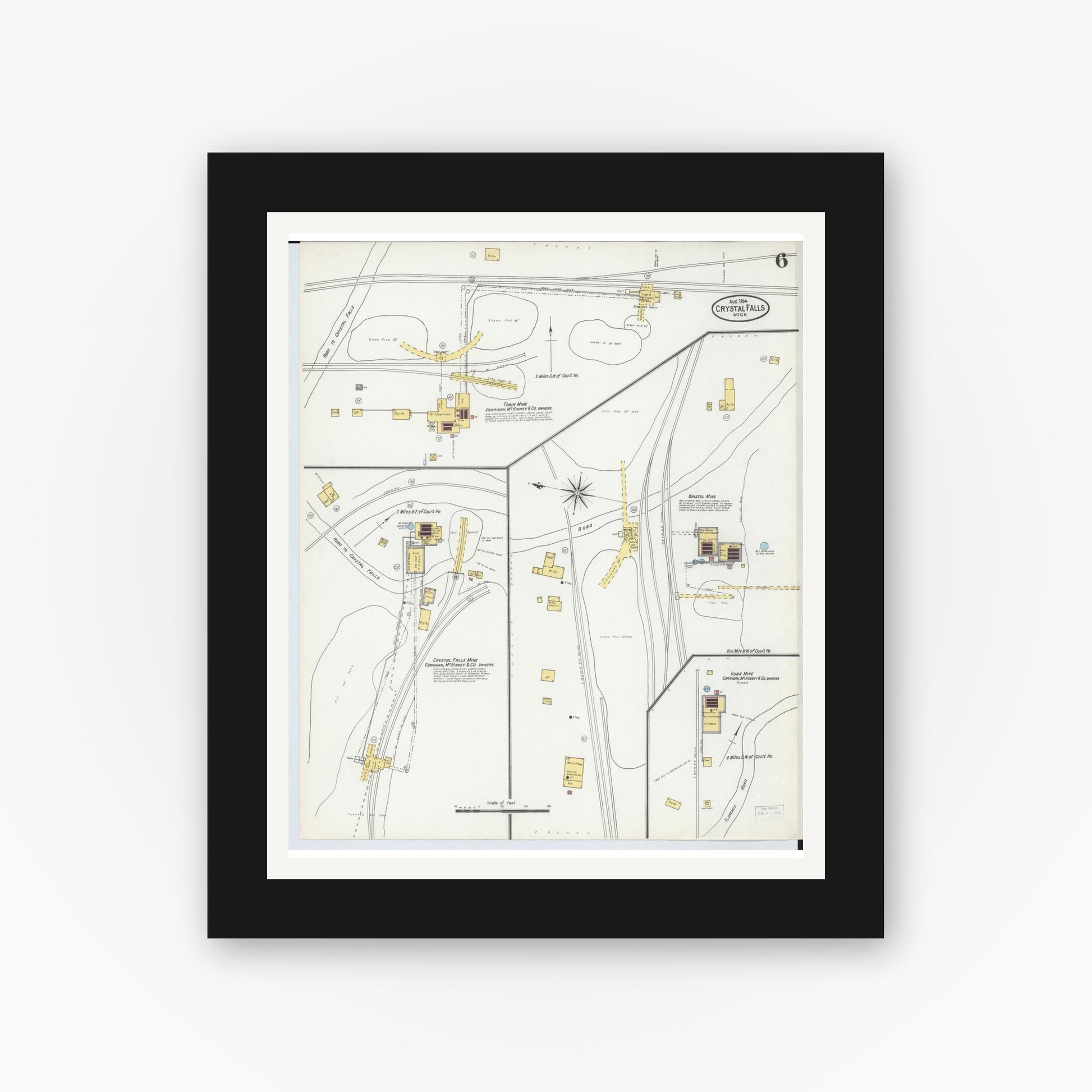Old map wall art mockup — black gallery frame with white mat — Sanborn Fire Insurance Map from Crystal Falls, Iron County, Michigan (1904), Sheet #0006